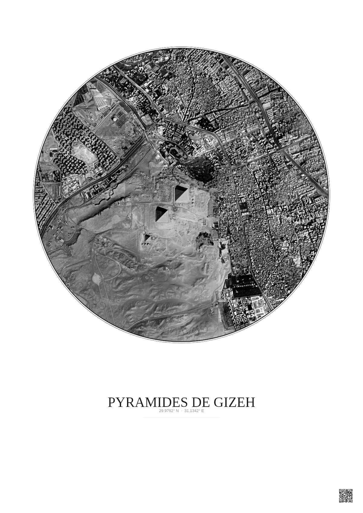 Affiche Pyramides De Gizeh – Poster vue satellite 2.5km N&B | Gravura – Fond clair