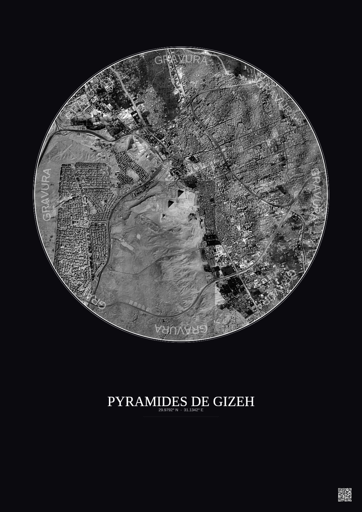 Affiche Pyramides De Gizeh – Poster vue satellite 5km N&B | Gravura – Fond foncé