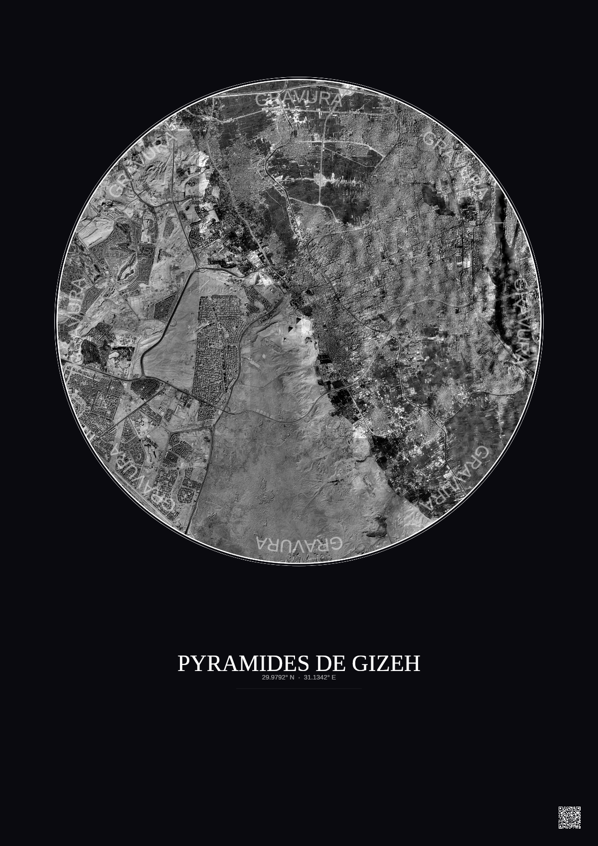 Affiche Pyramides De Gizeh – Poster vue satellite 10km N&B | Gravura – Fond foncé