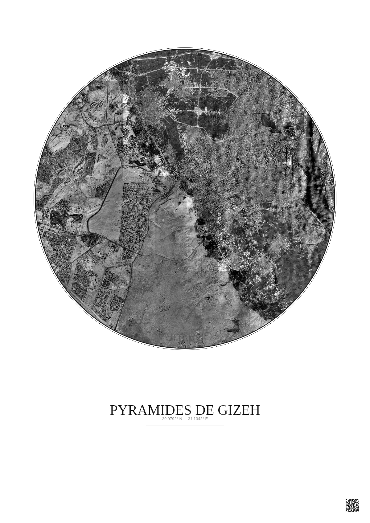 Affiche Pyramides De Gizeh – Poster vue satellite 10km N&B | Gravura – Fond clair