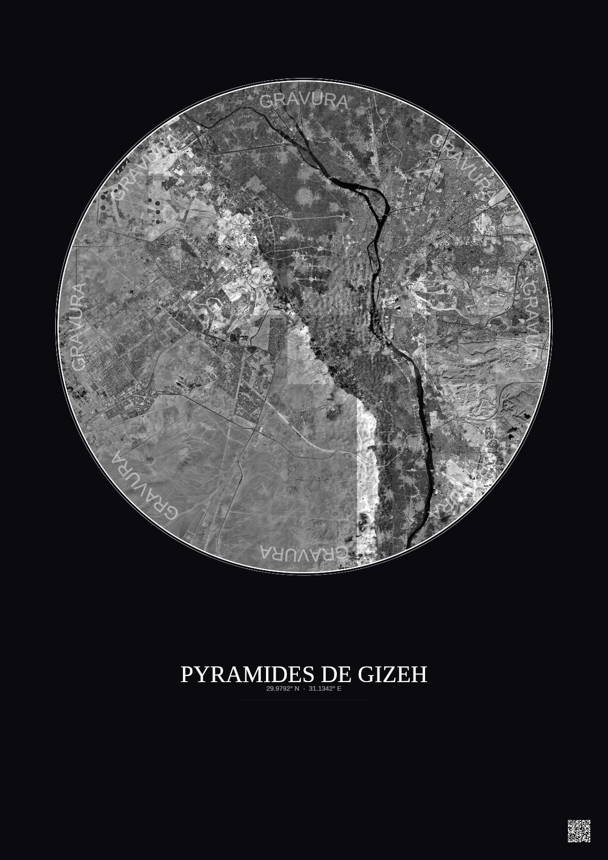 Affiche Pyramides De Gizeh – Poster vue satellite 30km N&B | Gravura – Fond foncé