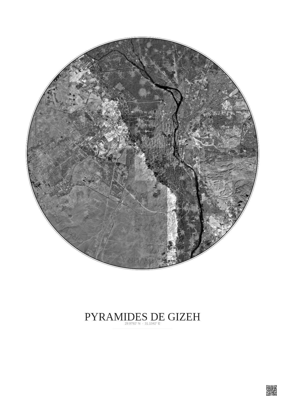 Affiche Pyramides De Gizeh – Poster vue satellite 30km N&B | Gravura – Fond clair
