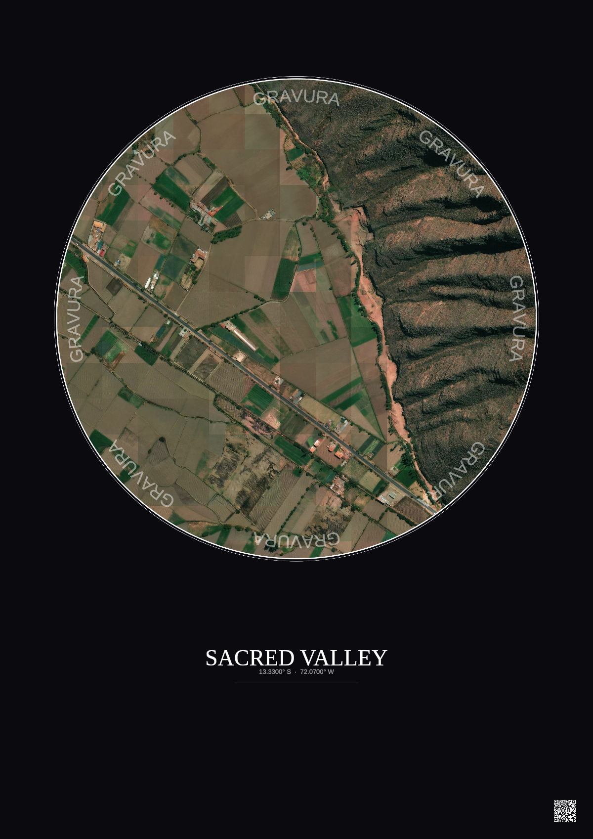 Affiche Sacred Valley – Poster vue satellite 0.5km Couleur | Gravura – Fond foncé