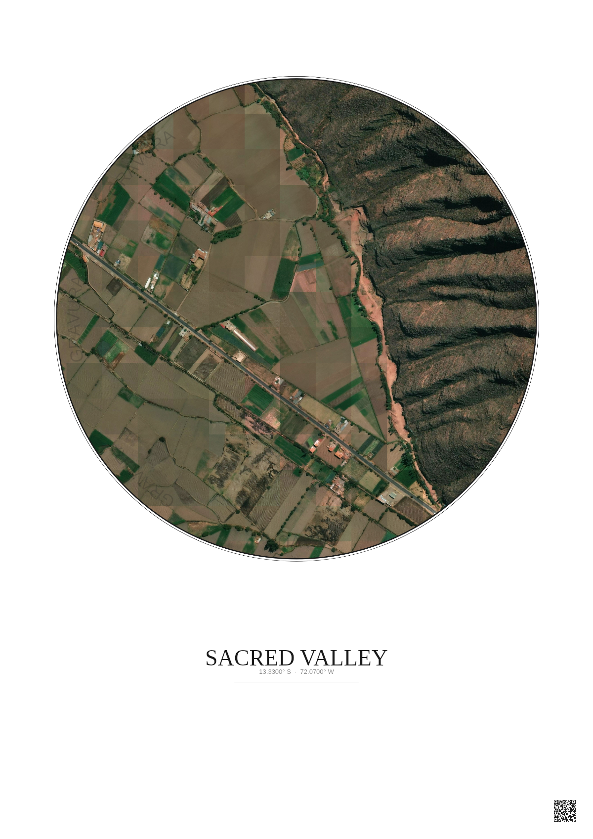 Affiche Sacred Valley – Poster vue satellite 0.5km Couleur | Gravura – Fond clair