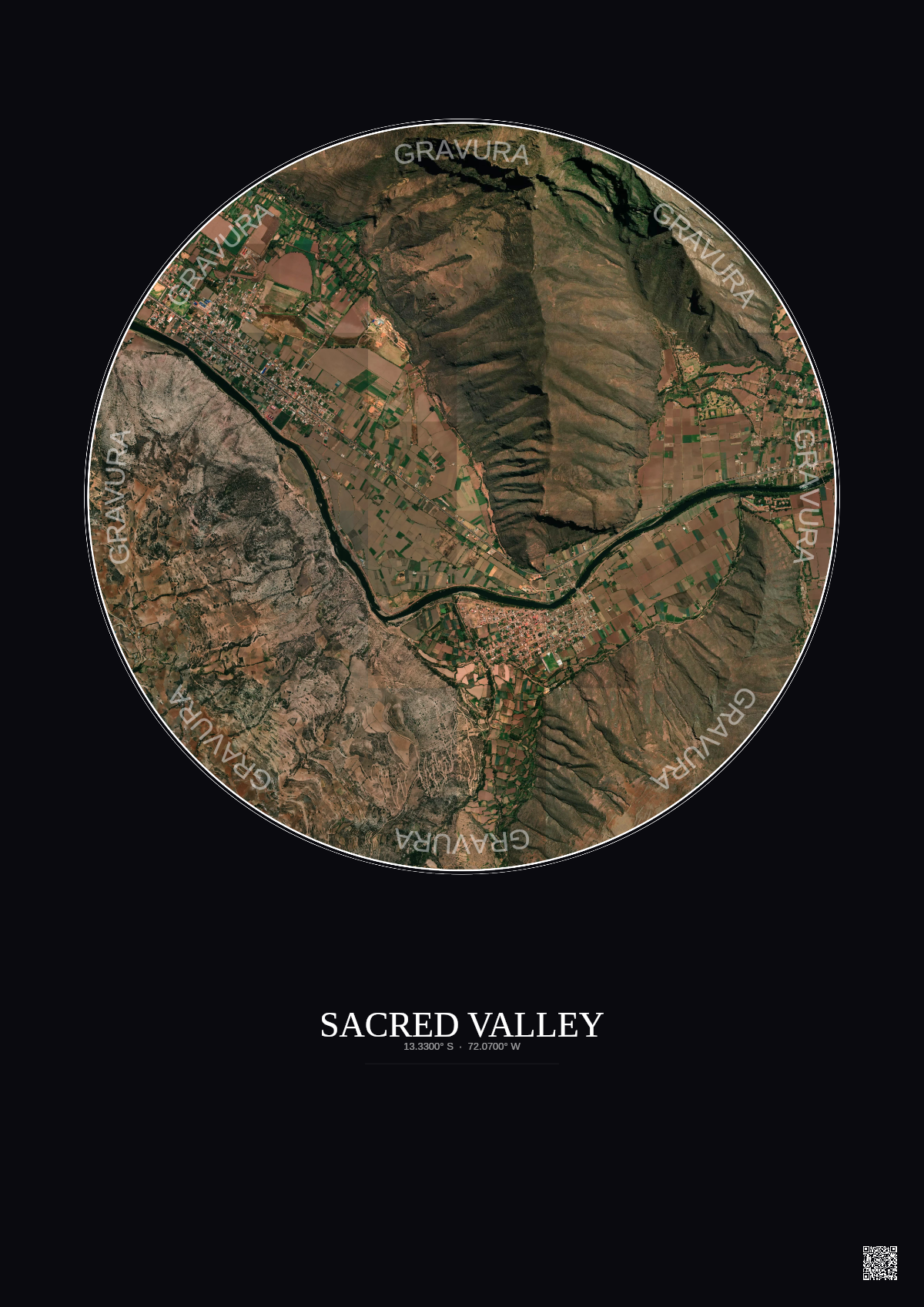 Affiche Sacred Valley – Poster vue satellite 2.5km Couleur | Gravura – Fond foncé
