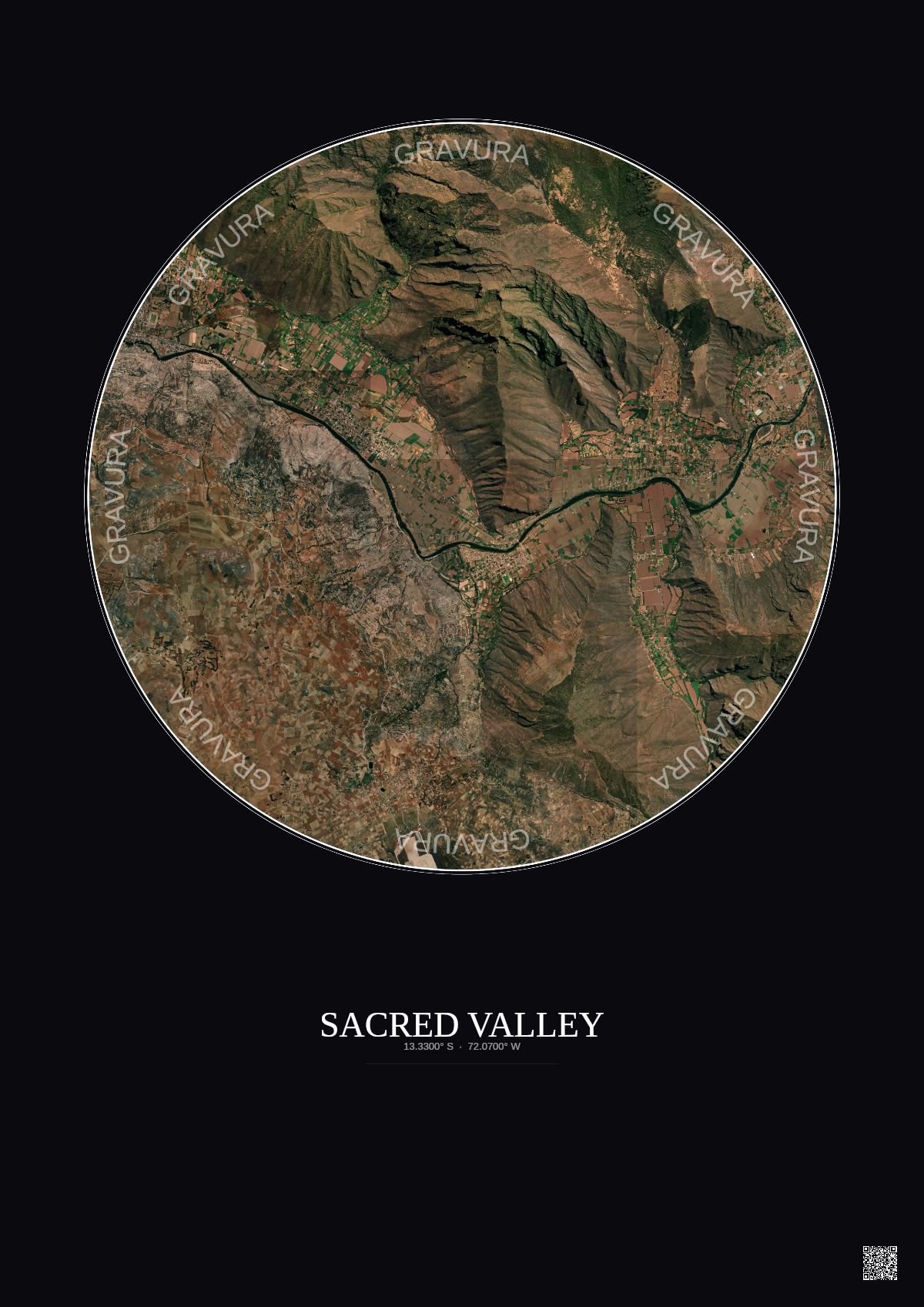 Affiche Sacred Valley – Poster vue satellite 5km Couleur | Gravura – Fond foncé