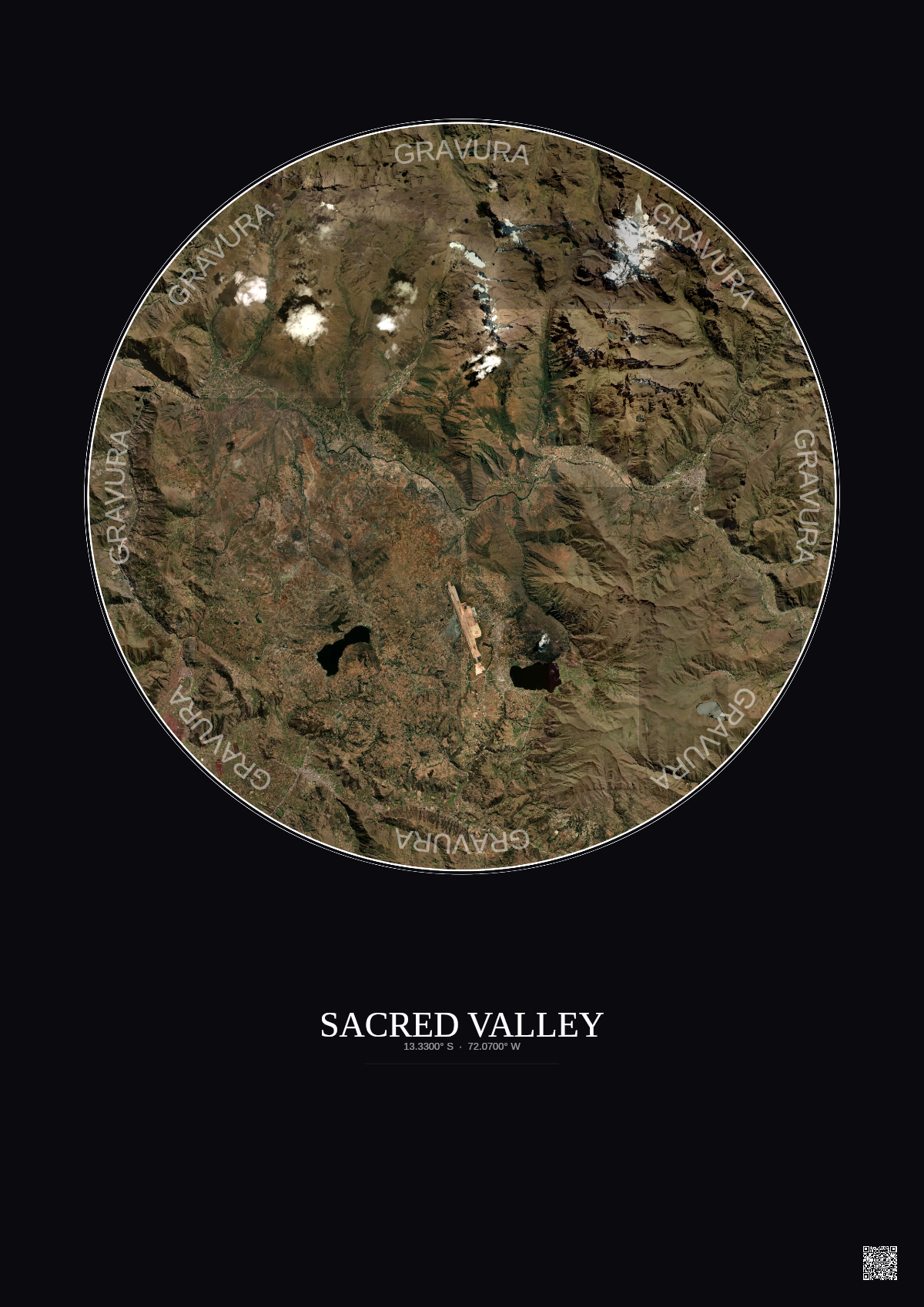 Affiche Sacred Valley – Poster vue satellite 20km Couleur | Gravura – Fond foncé