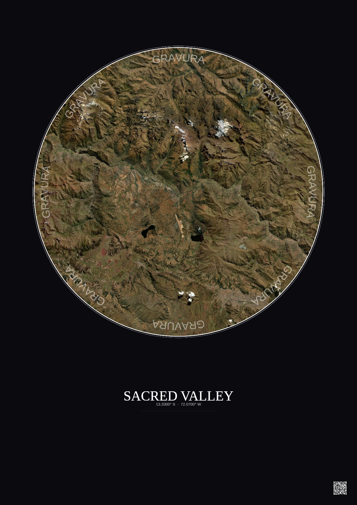 Affiche Sacred Valley – Poster vue satellite 30km Couleur | Gravura – Fond foncé