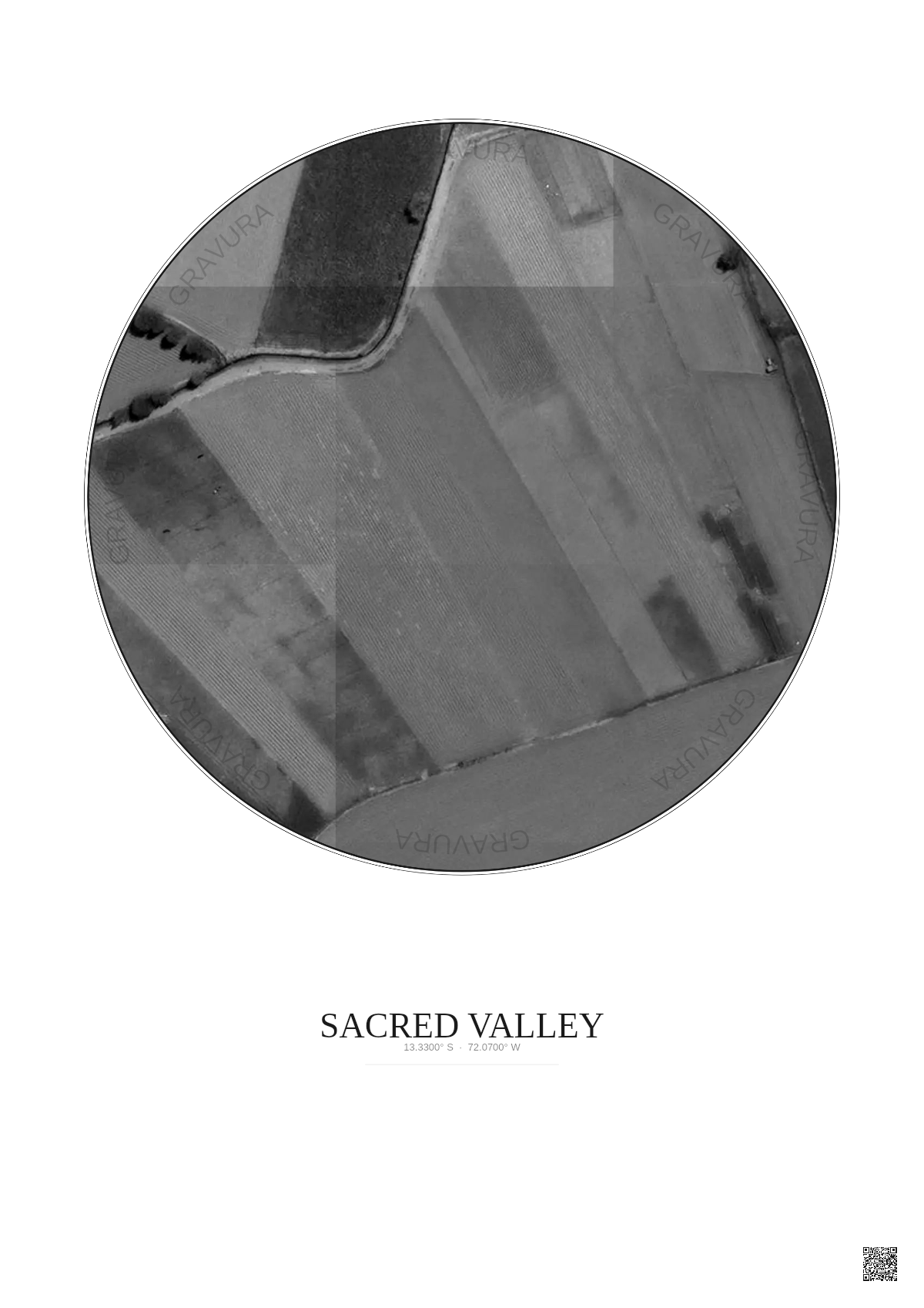 Affiche Sacred Valley – Poster vue satellite 0.1km N&B | Gravura – Fond clair