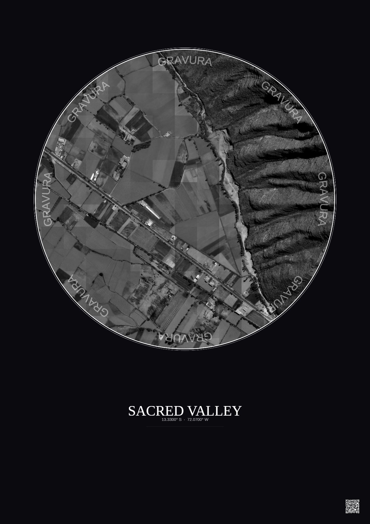 Affiche Sacred Valley – Poster vue satellite 0.5km N&B | Gravura – Fond foncé