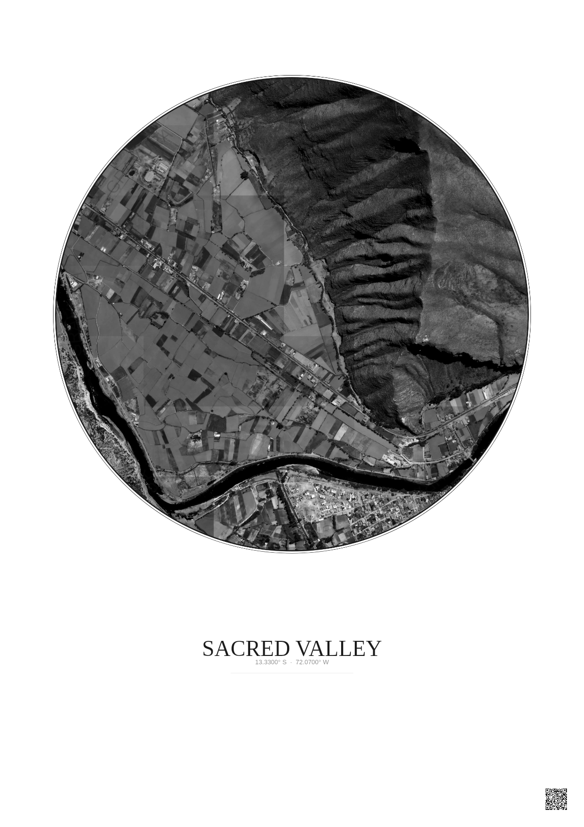 Affiche Sacred Valley – Poster vue satellite 1km N&B | Gravura – Fond clair