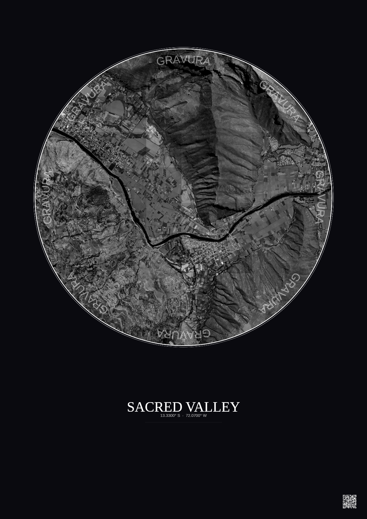 Affiche Sacred Valley – Poster vue satellite 2.5km N&B | Gravura – Fond foncé