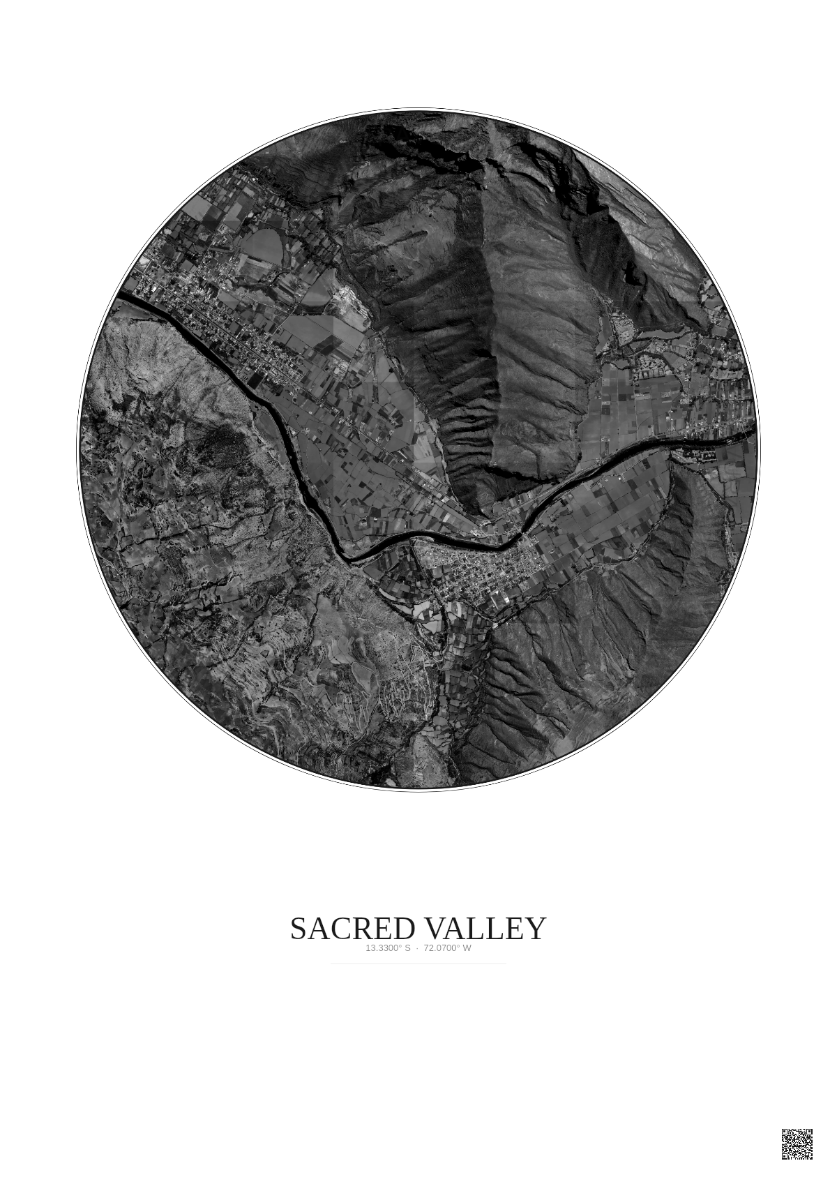 Affiche Sacred Valley – Poster vue satellite 2.5km N&B | Gravura – Fond clair