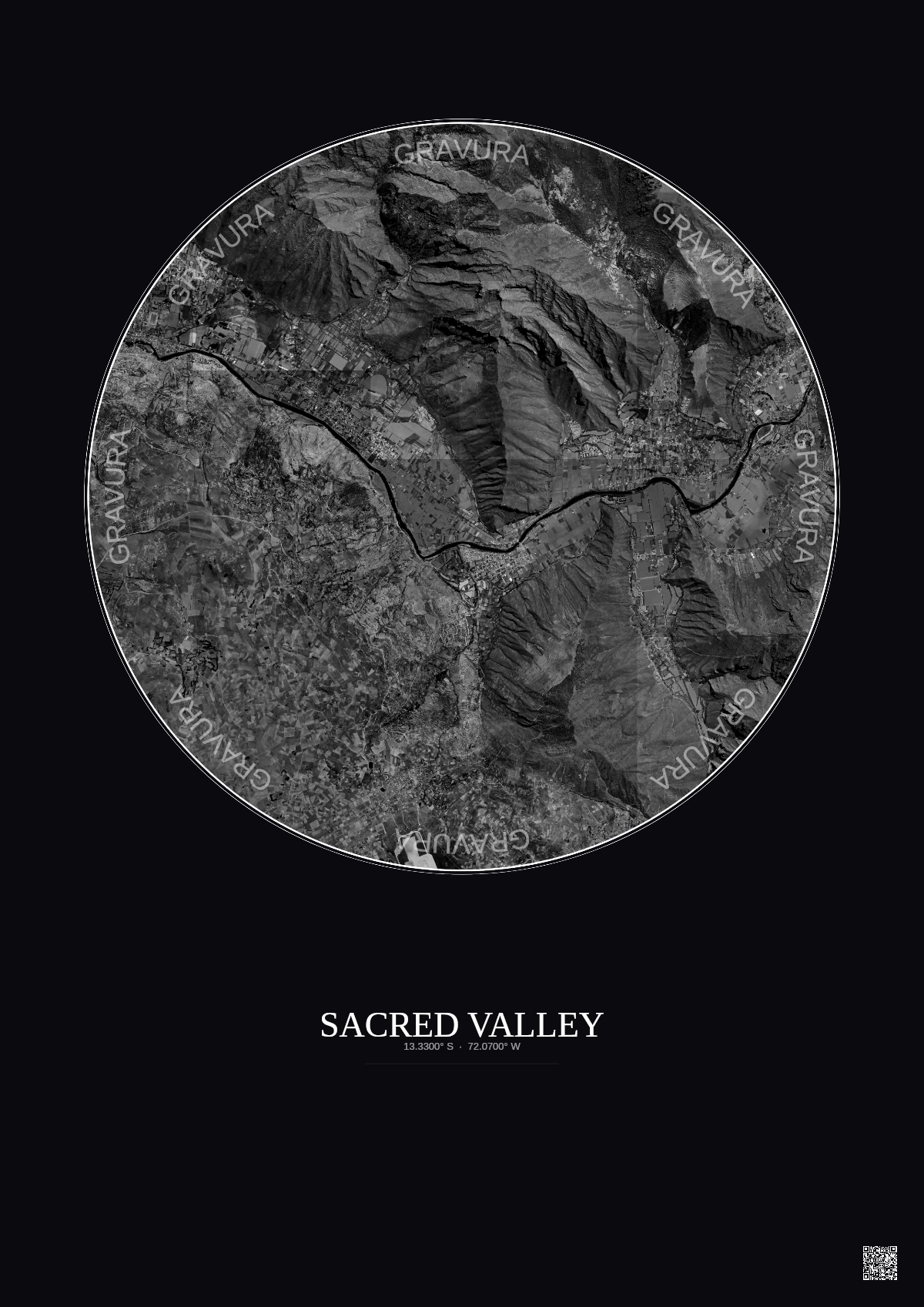 Affiche Sacred Valley – Poster vue satellite 5km N&B | Gravura – Fond foncé
