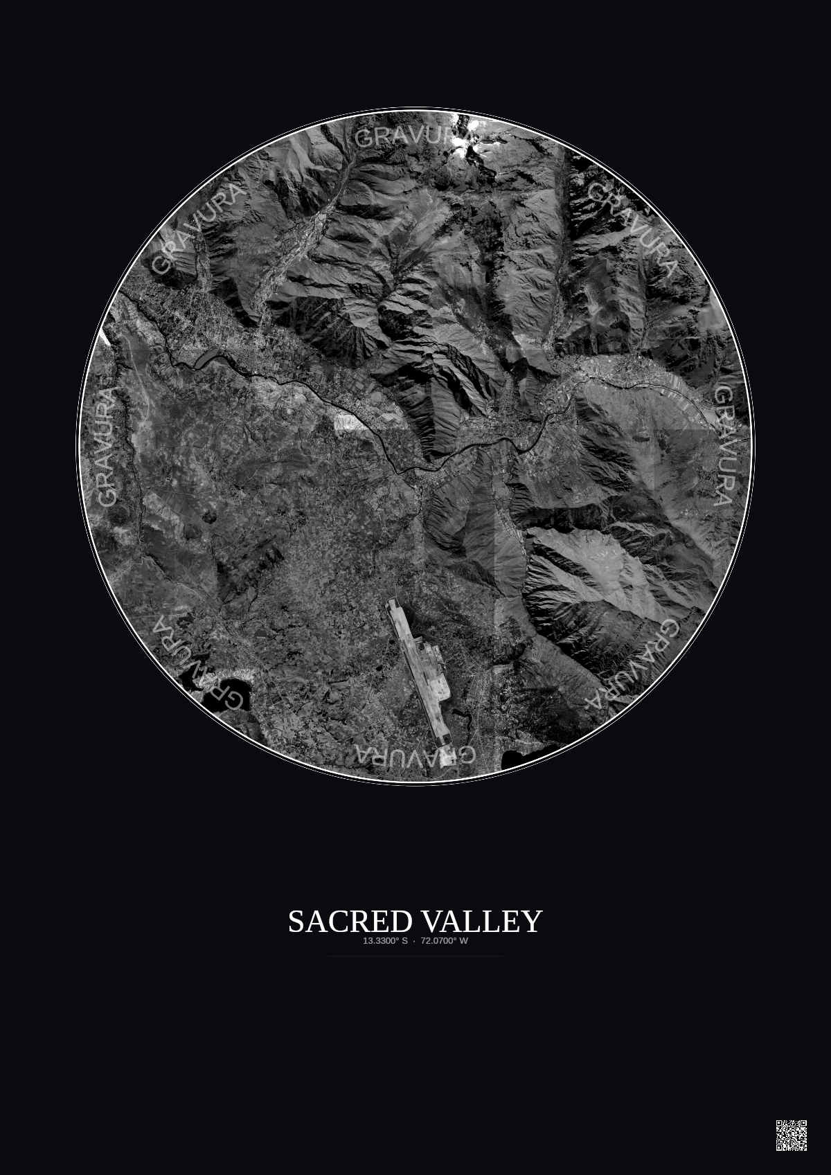Affiche Sacred Valley – Poster vue satellite 10km N&B | Gravura – Fond foncé