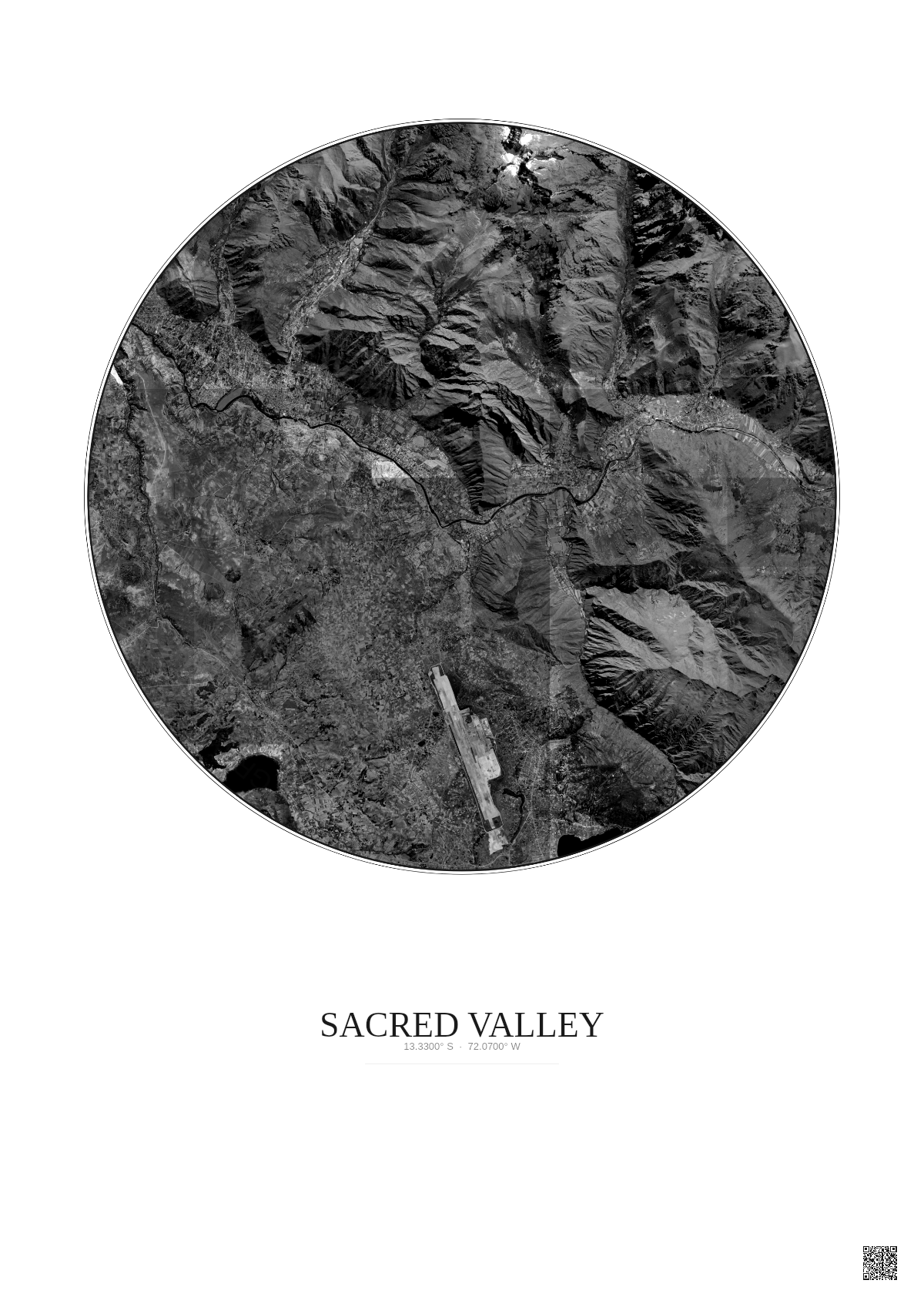 Affiche Sacred Valley – Poster vue satellite 10km N&B | Gravura – Fond clair