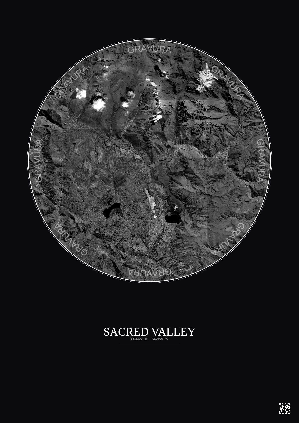 Affiche Sacred Valley – Poster vue satellite 20km N&B | Gravura – Fond foncé
