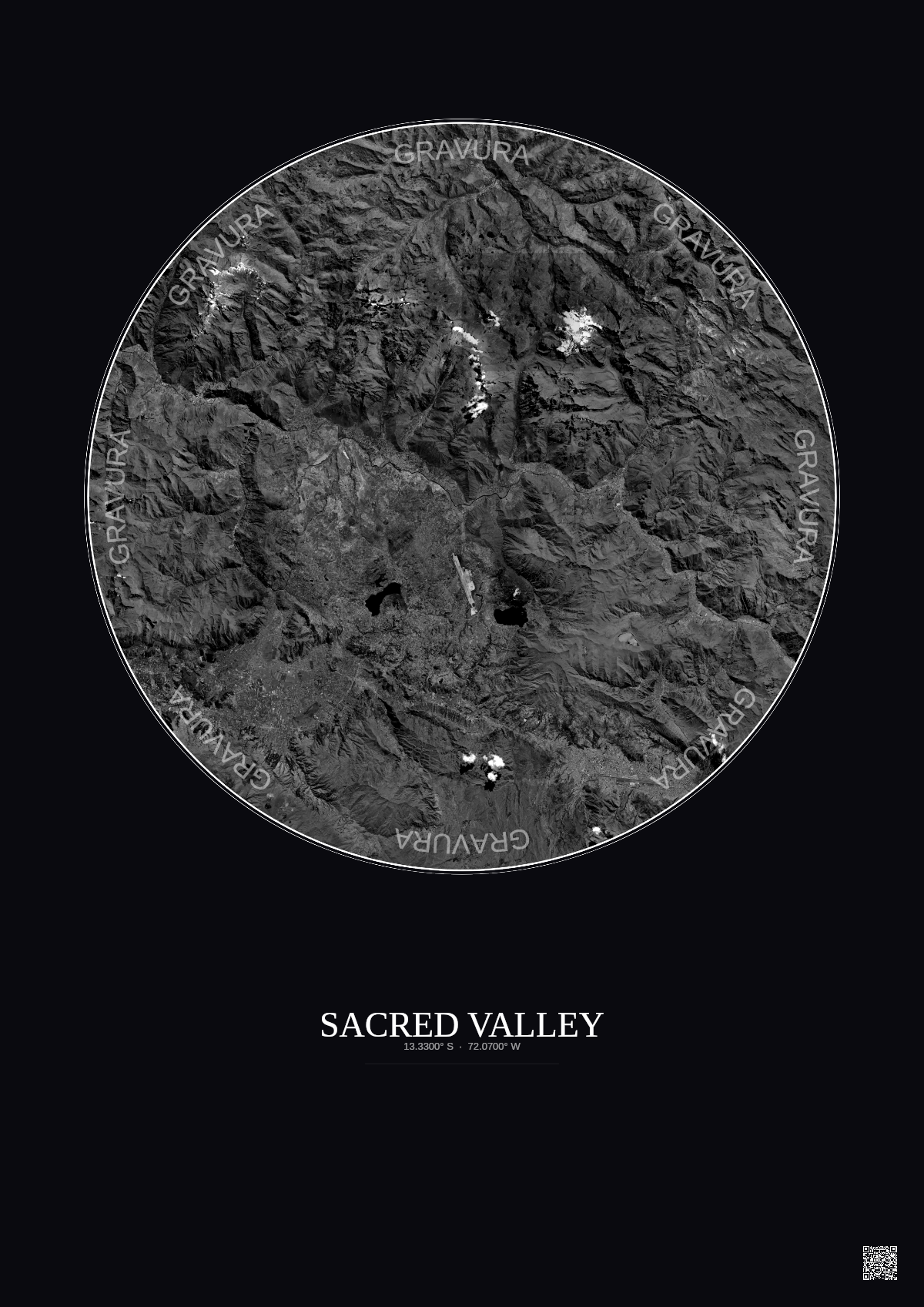 Affiche Sacred Valley – Poster vue satellite 30km N&B | Gravura – Fond foncé