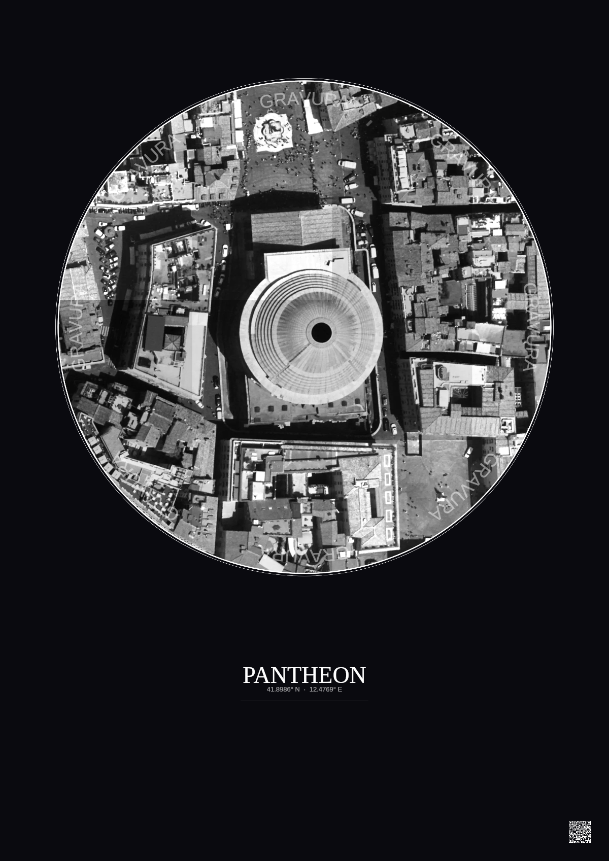 Affiche Pantheon – Poster vue satellite 0.1km N&B | Gravura – Fond foncé