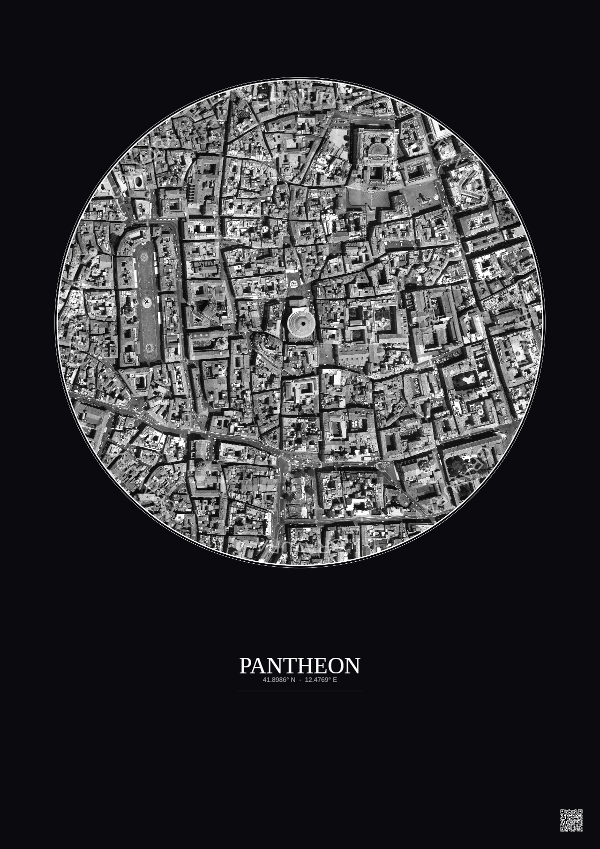 Affiche Pantheon – Poster vue satellite 0.5km N&B | Gravura – Fond foncé
