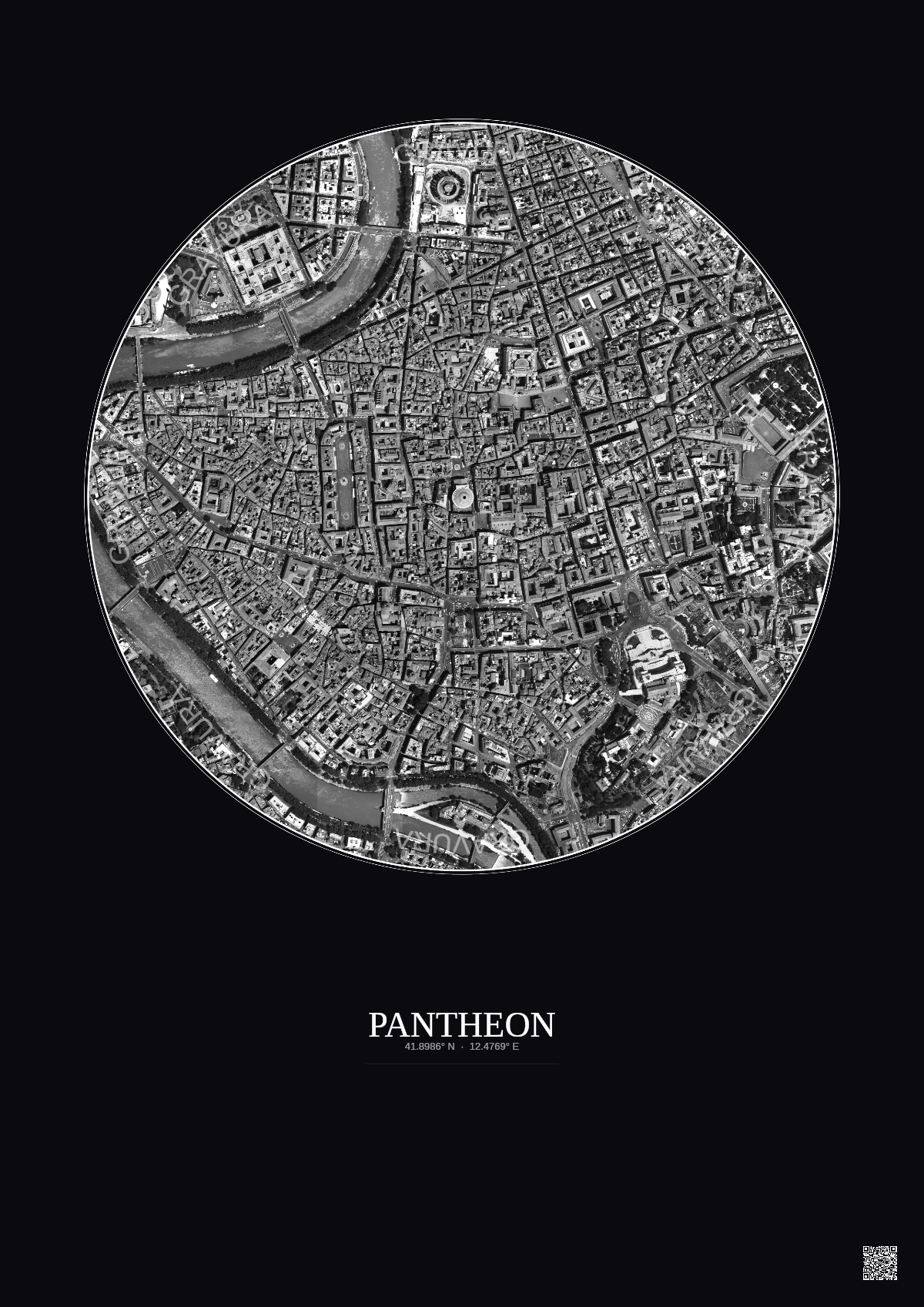 Affiche Pantheon – Poster vue satellite 1km N&B | Gravura – Fond foncé