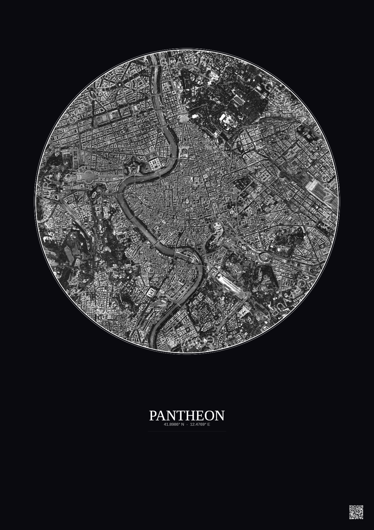 Affiche Pantheon – Poster vue satellite 2.5km N&B | Gravura – Fond foncé
