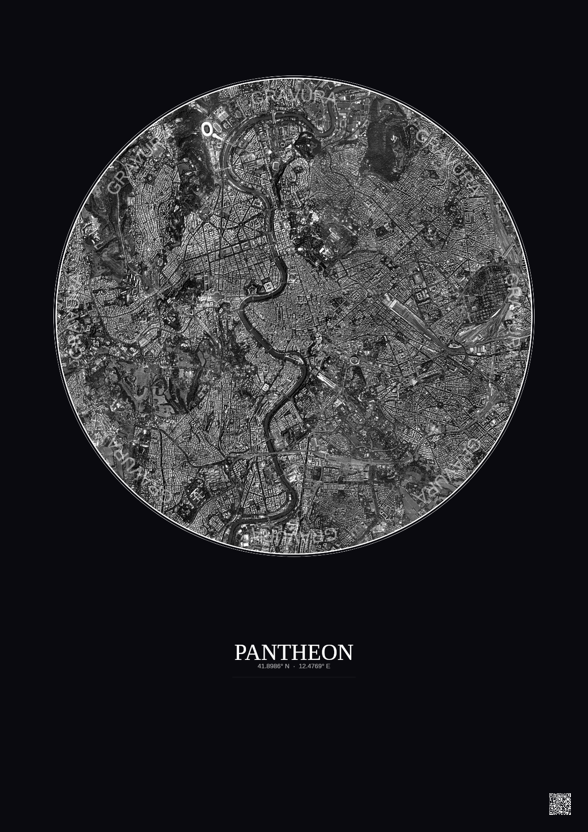 Affiche Pantheon – Poster vue satellite 5km N&B | Gravura – Fond foncé