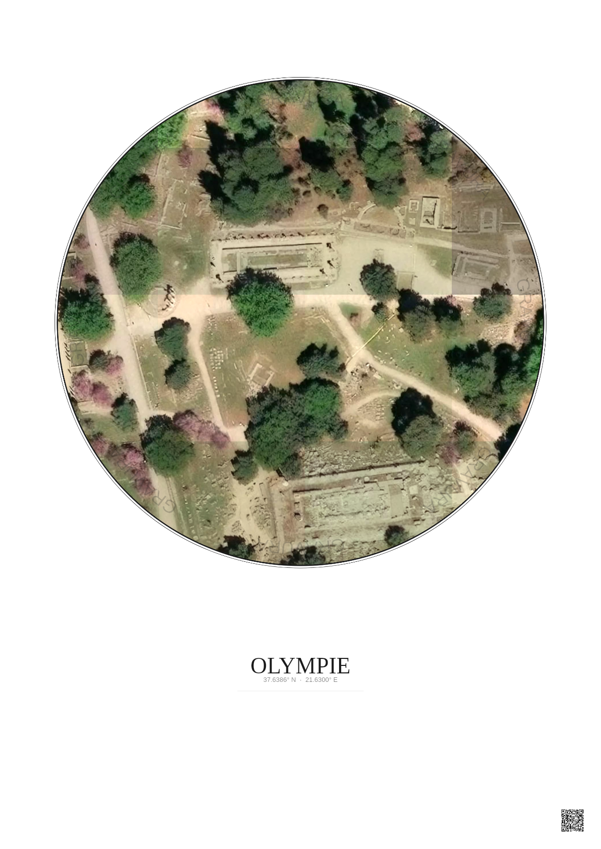 Affiche Olympie – Poster vue satellite 0.1km Couleur | Gravura – Fond clair