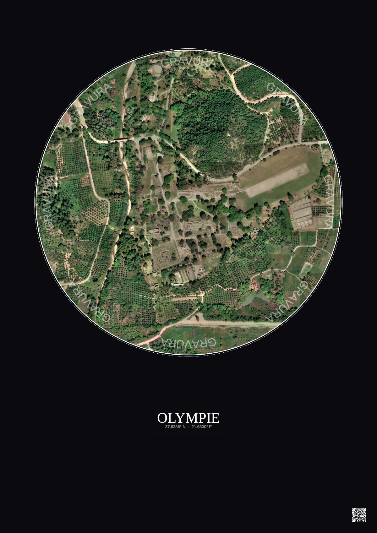 Affiche Olympie – Poster vue satellite 0.5km Couleur | Gravura – Fond foncé