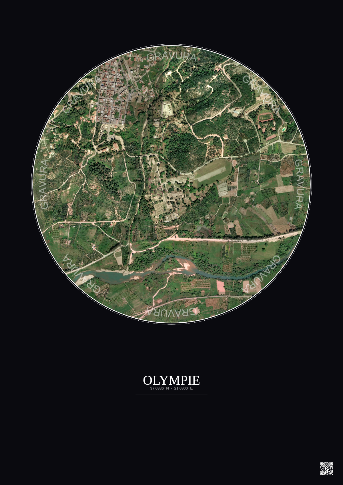 Affiche Olympie – Poster vue satellite 1km Couleur | Gravura – Fond foncé