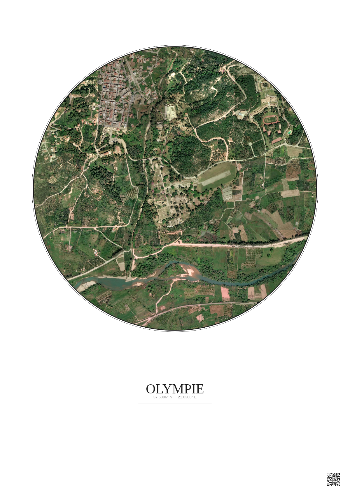 Affiche Olympie – Poster vue satellite 1km Couleur | Gravura – Fond clair