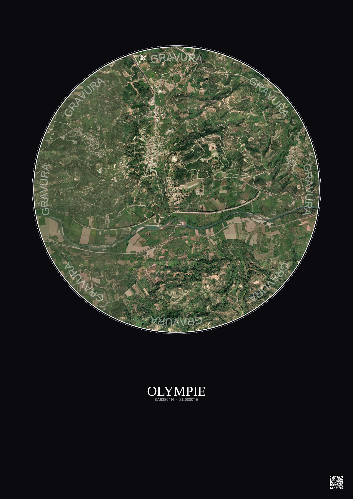 Affiche Olympie – Poster vue satellite 2.5km Couleur | Gravura – Fond foncé