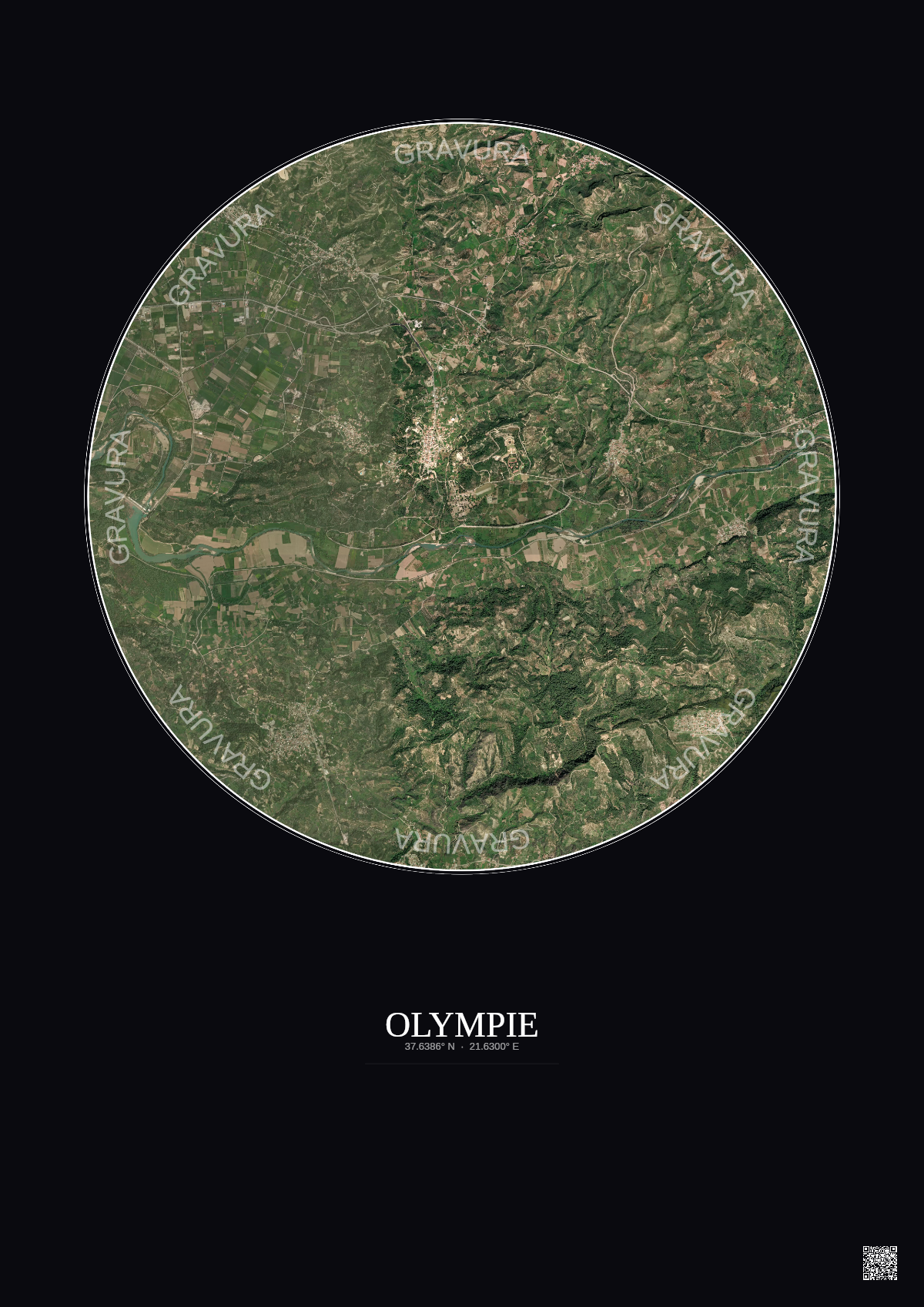 Affiche Olympie – Poster vue satellite 5km Couleur | Gravura – Fond foncé