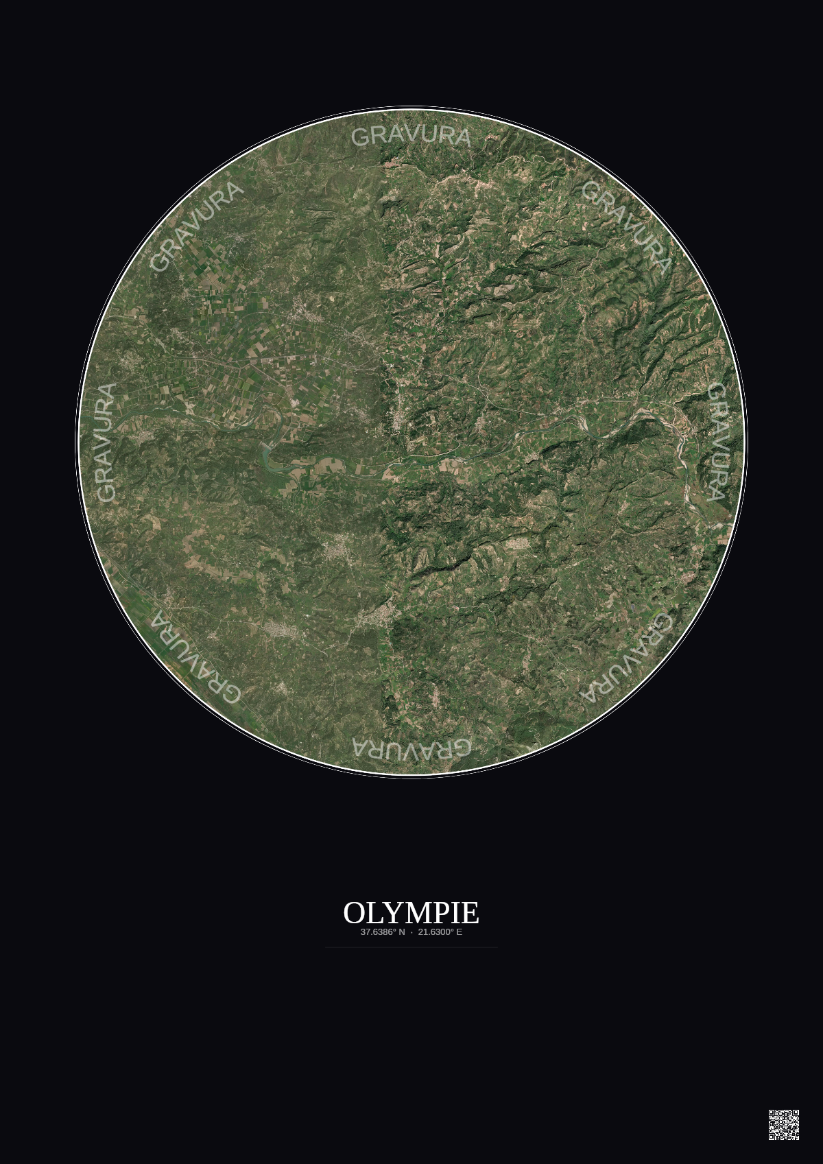 Affiche Olympie – Poster vue satellite 10km Couleur | Gravura – Fond foncé