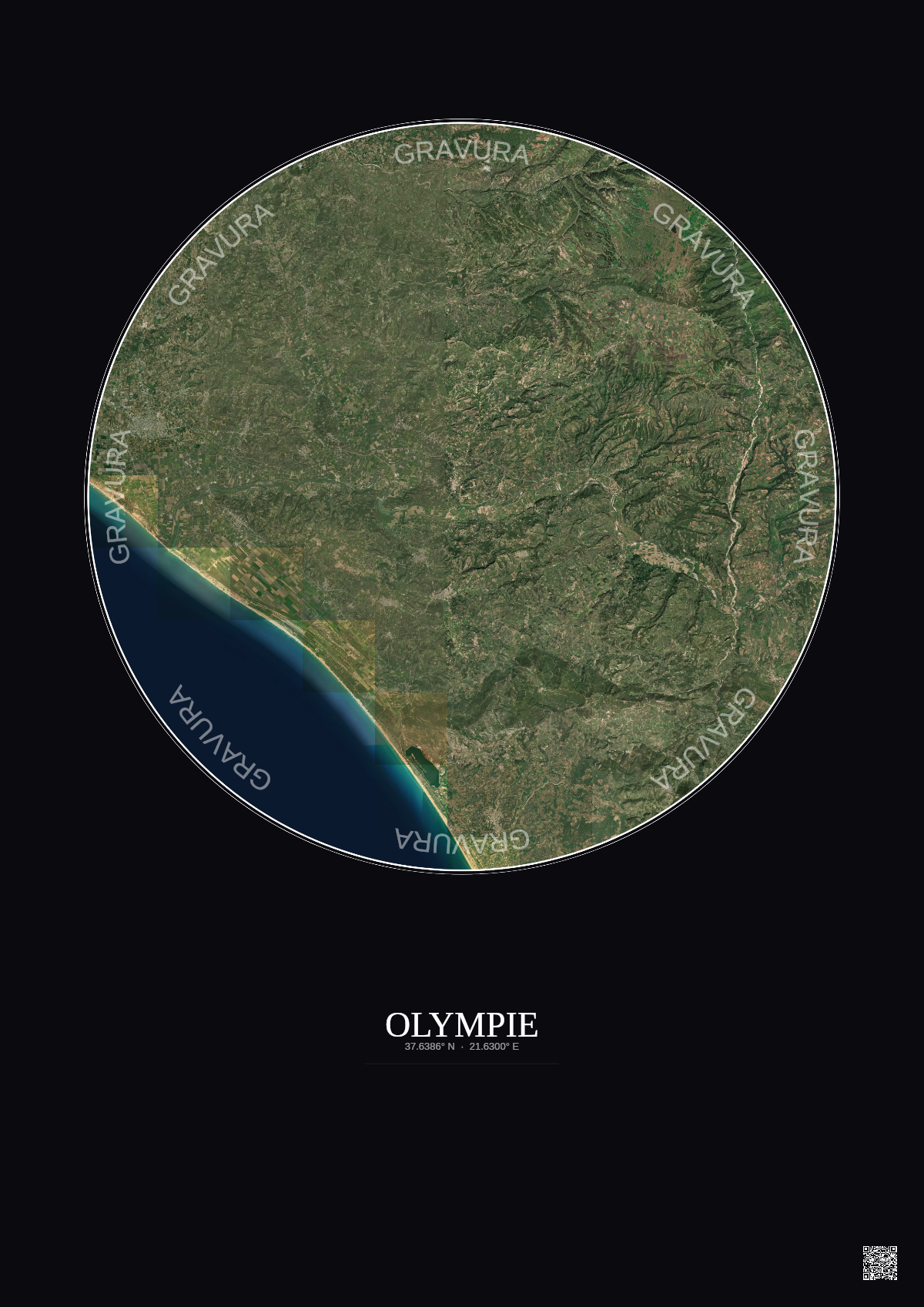 Affiche Olympie – Poster vue satellite 20km Couleur | Gravura – Fond foncé