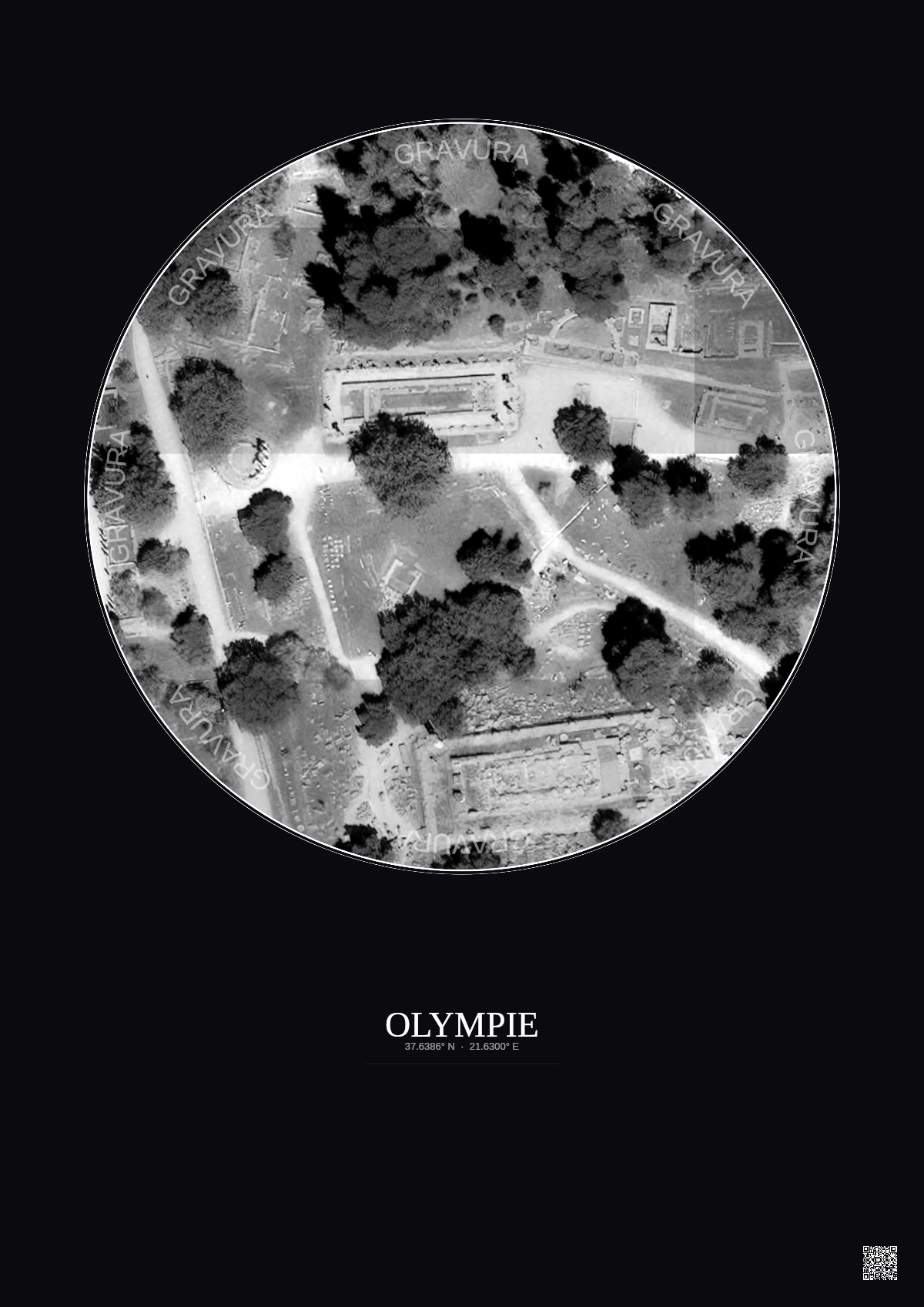 Affiche Olympie – Poster vue satellite 0.1km N&B | Gravura – Fond foncé