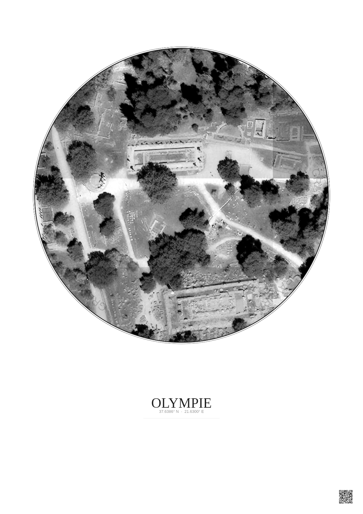 Affiche Olympie – Poster vue satellite 0.1km N&B | Gravura – Fond clair