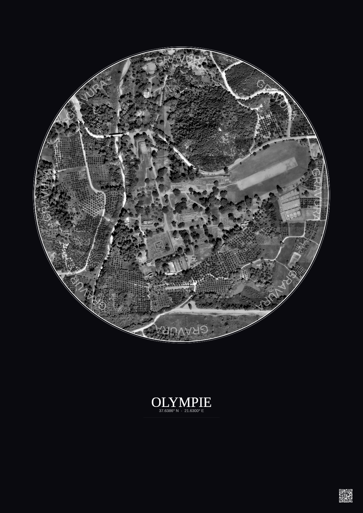 Affiche Olympie – Poster vue satellite 0.5km N&B | Gravura – Fond foncé