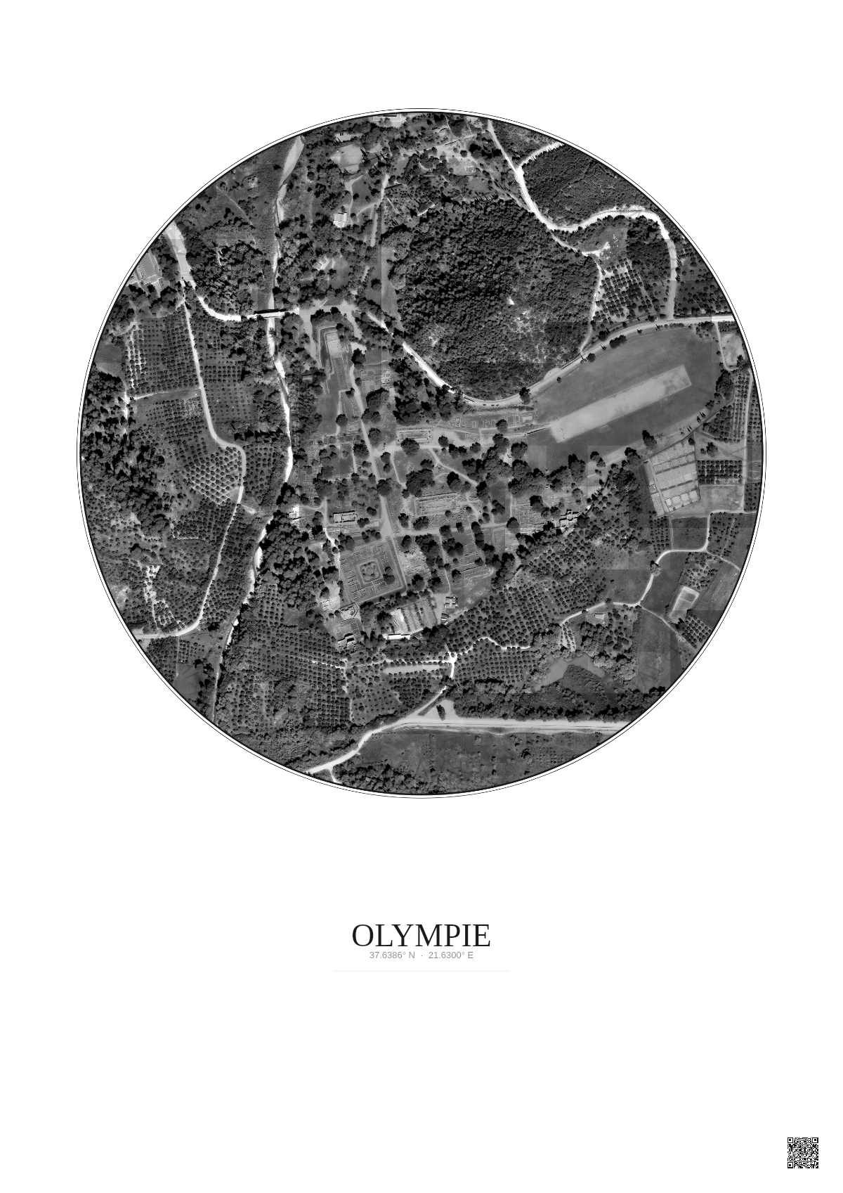 Affiche Olympie – Poster vue satellite 0.5km N&B | Gravura – Fond clair