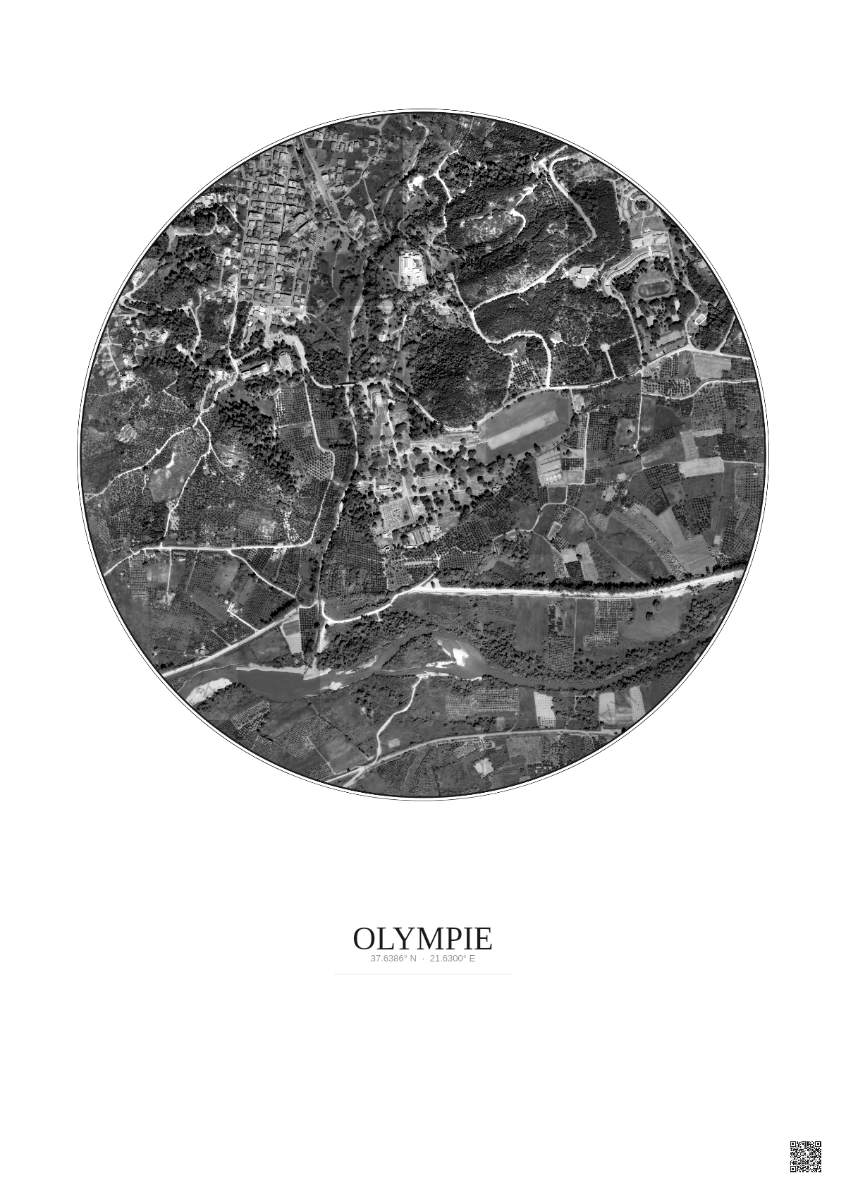 Affiche Olympie – Poster vue satellite 1km N&B | Gravura – Fond clair