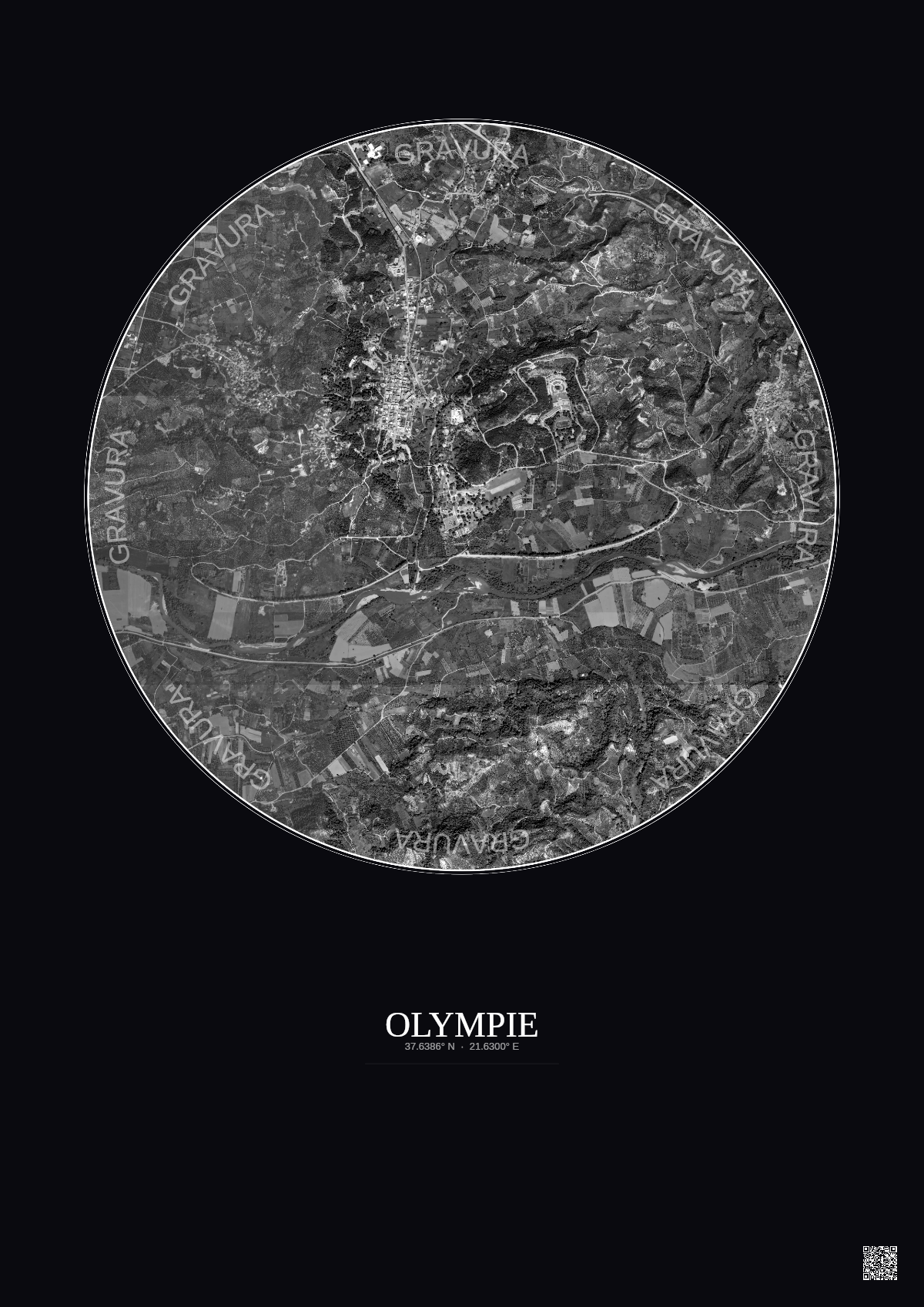 Affiche Olympie – Poster vue satellite 2.5km N&B | Gravura – Fond foncé