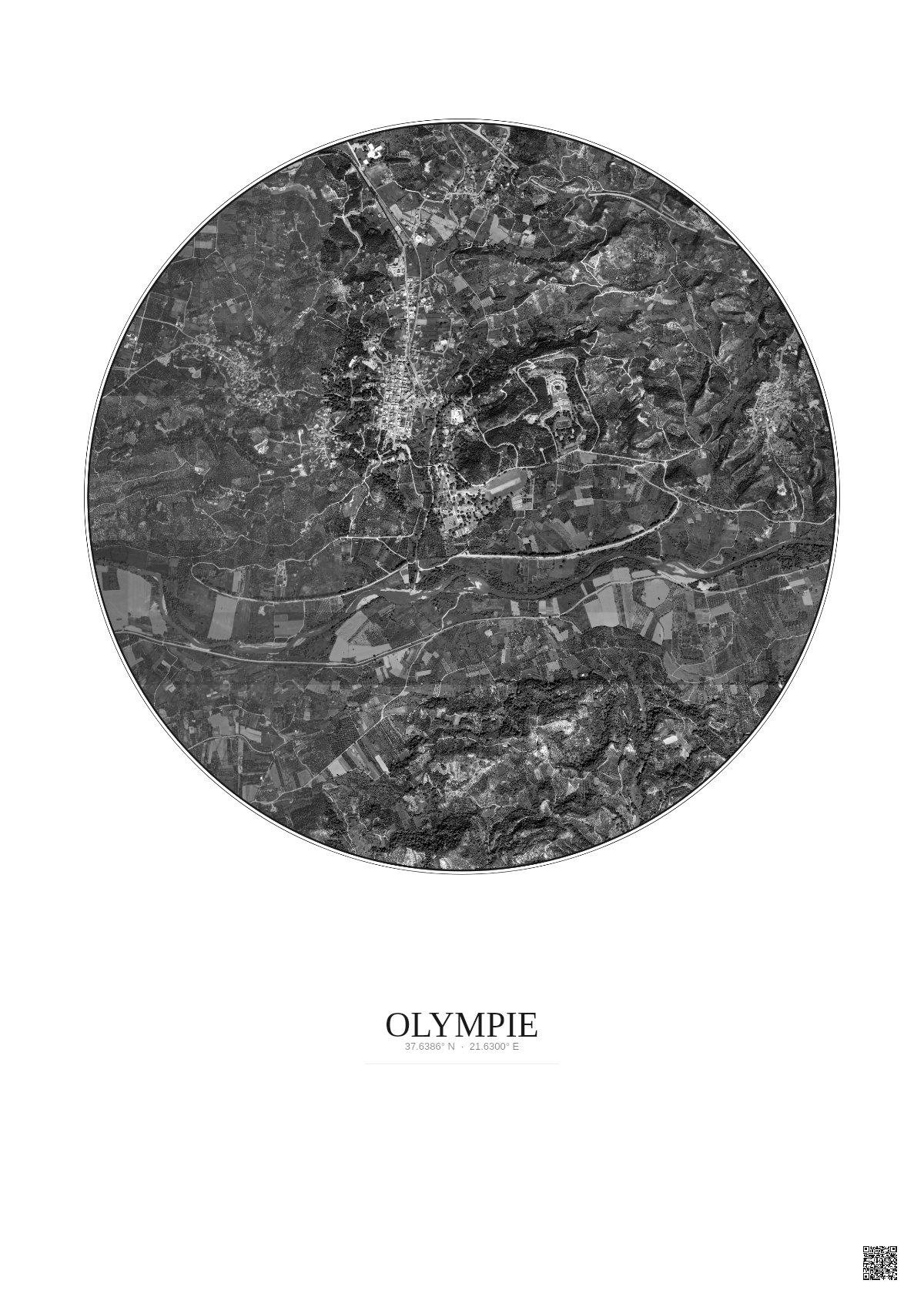 Affiche Olympie – Poster vue satellite 2.5km N&B | Gravura – Fond clair