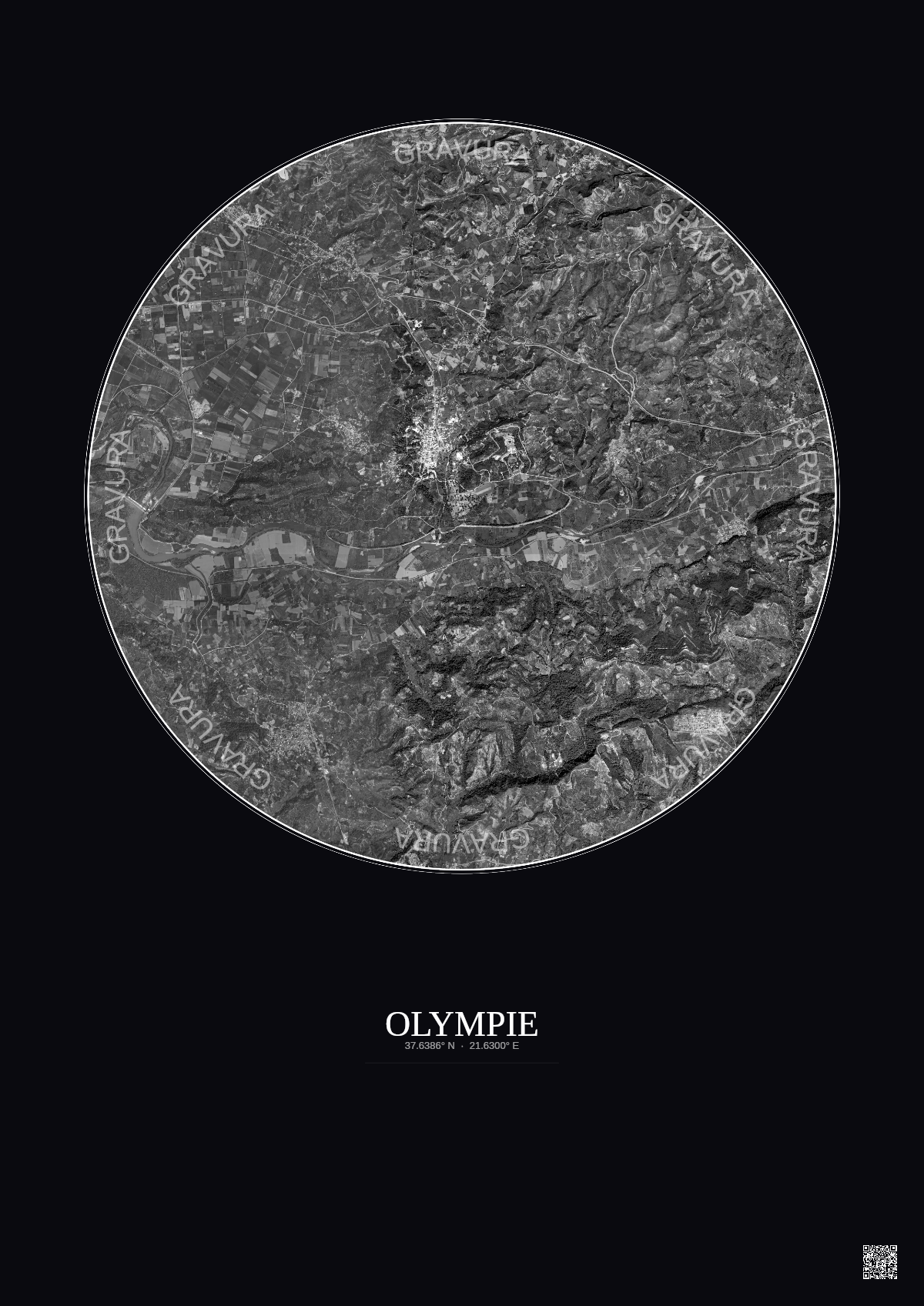 Affiche Olympie – Poster vue satellite 5km N&B | Gravura – Fond foncé