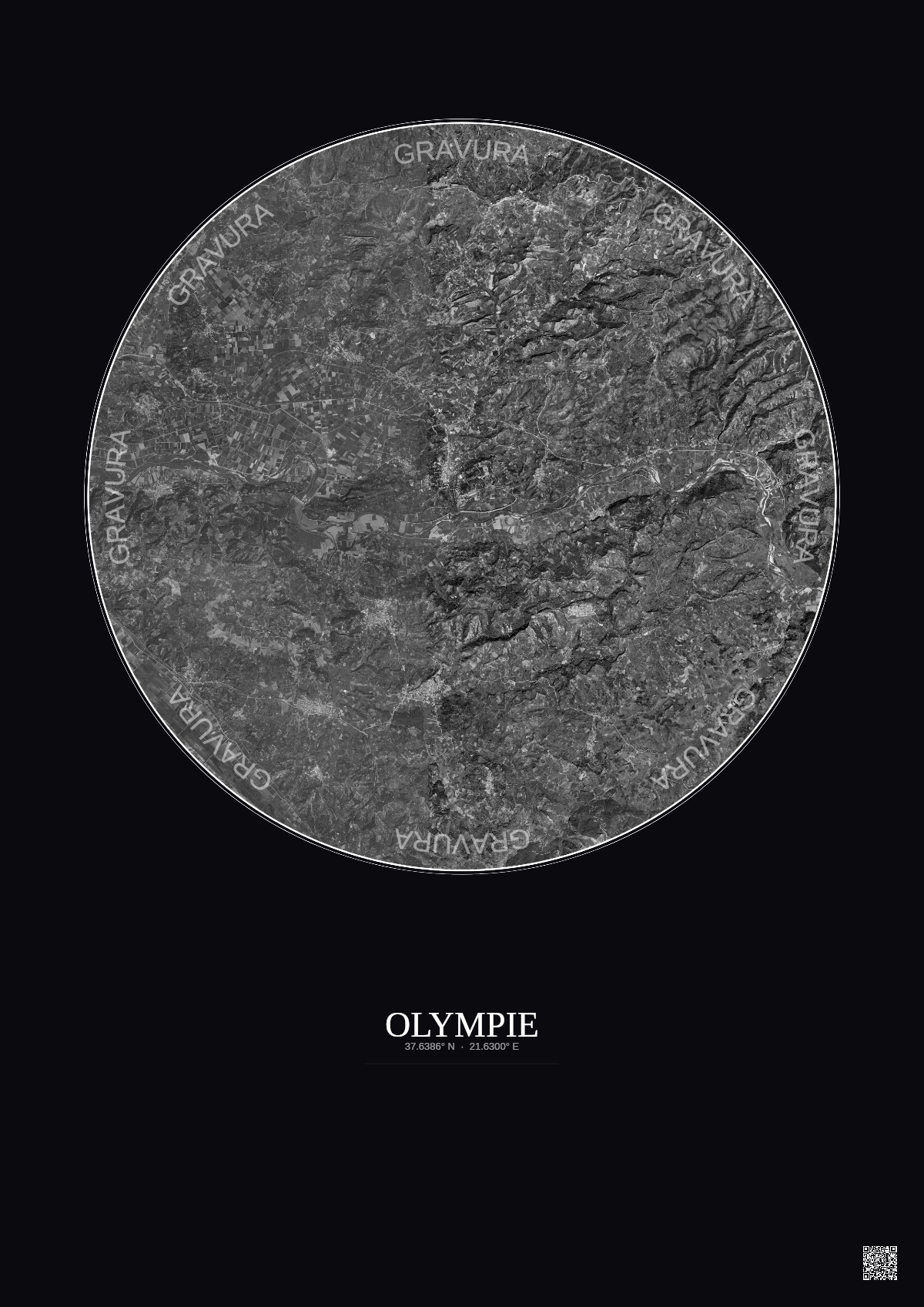 Affiche Olympie – Poster vue satellite 10km N&B | Gravura – Fond foncé