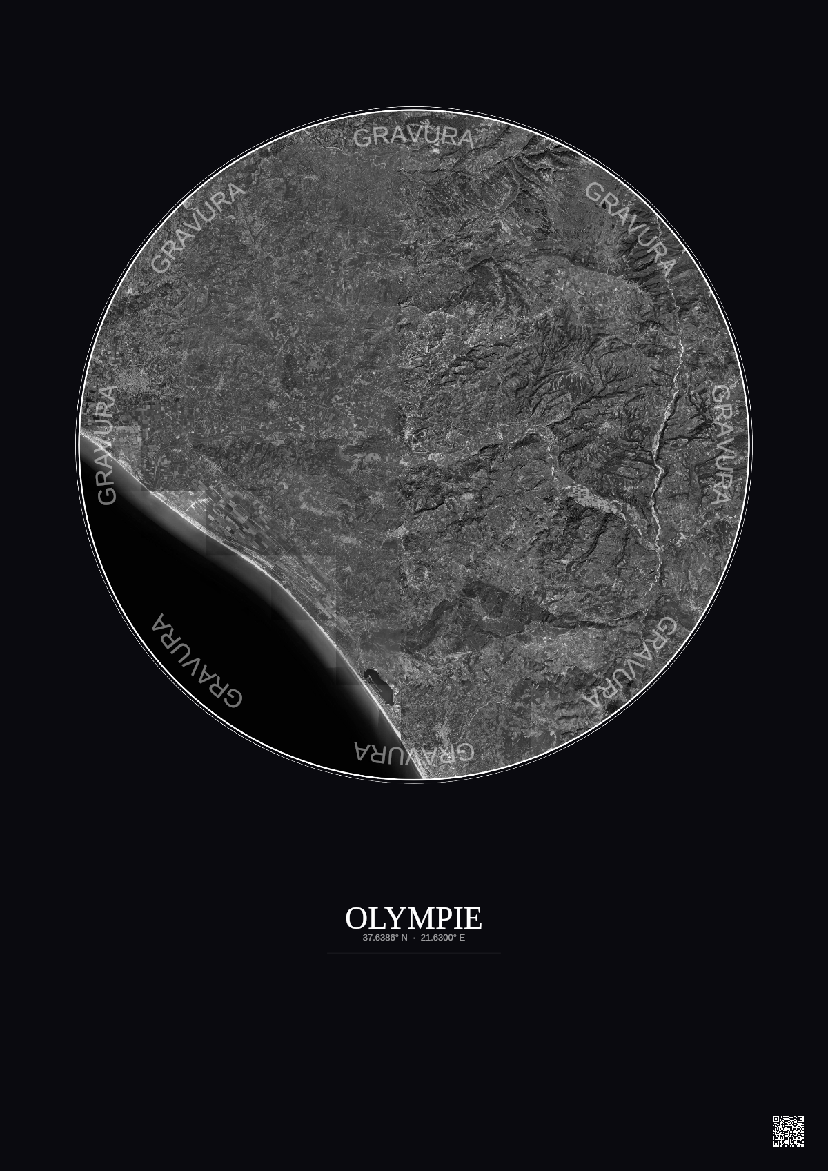 Affiche Olympie – Poster vue satellite 20km N&B | Gravura – Fond foncé