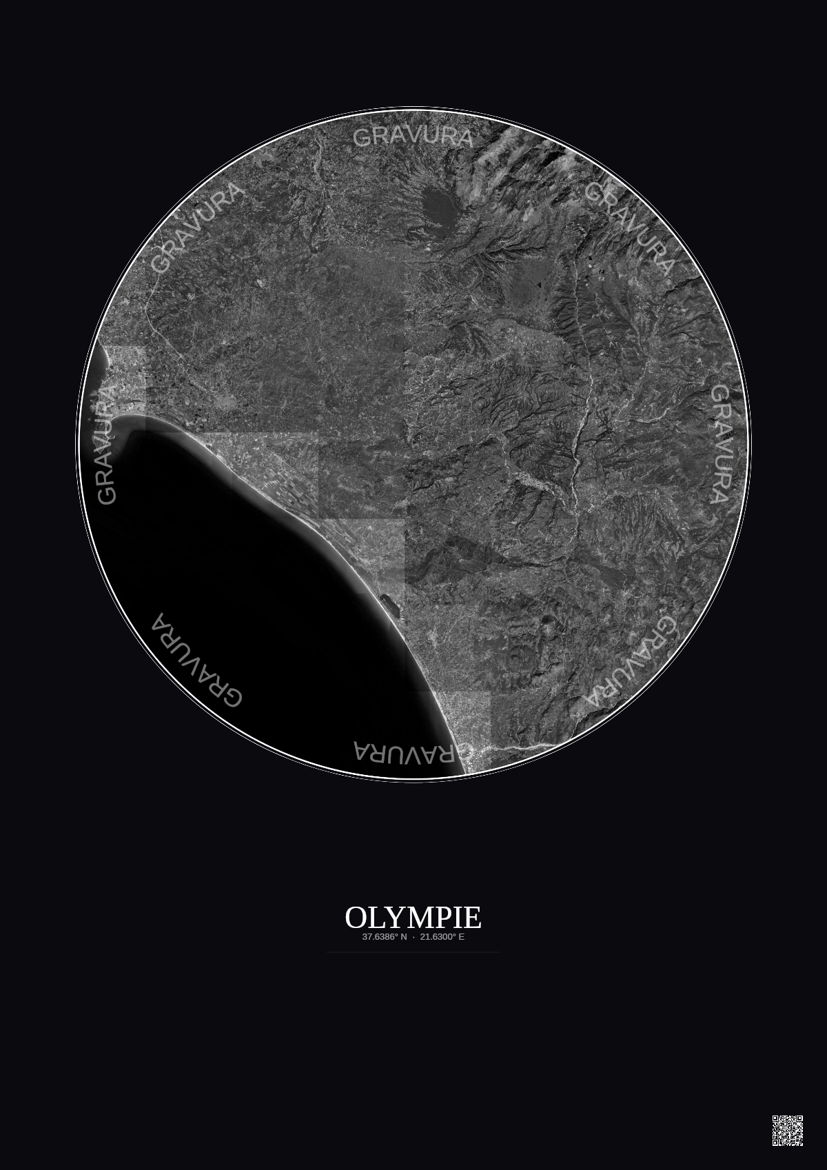 Affiche Olympie – Poster vue satellite 30km N&B | Gravura – Fond foncé