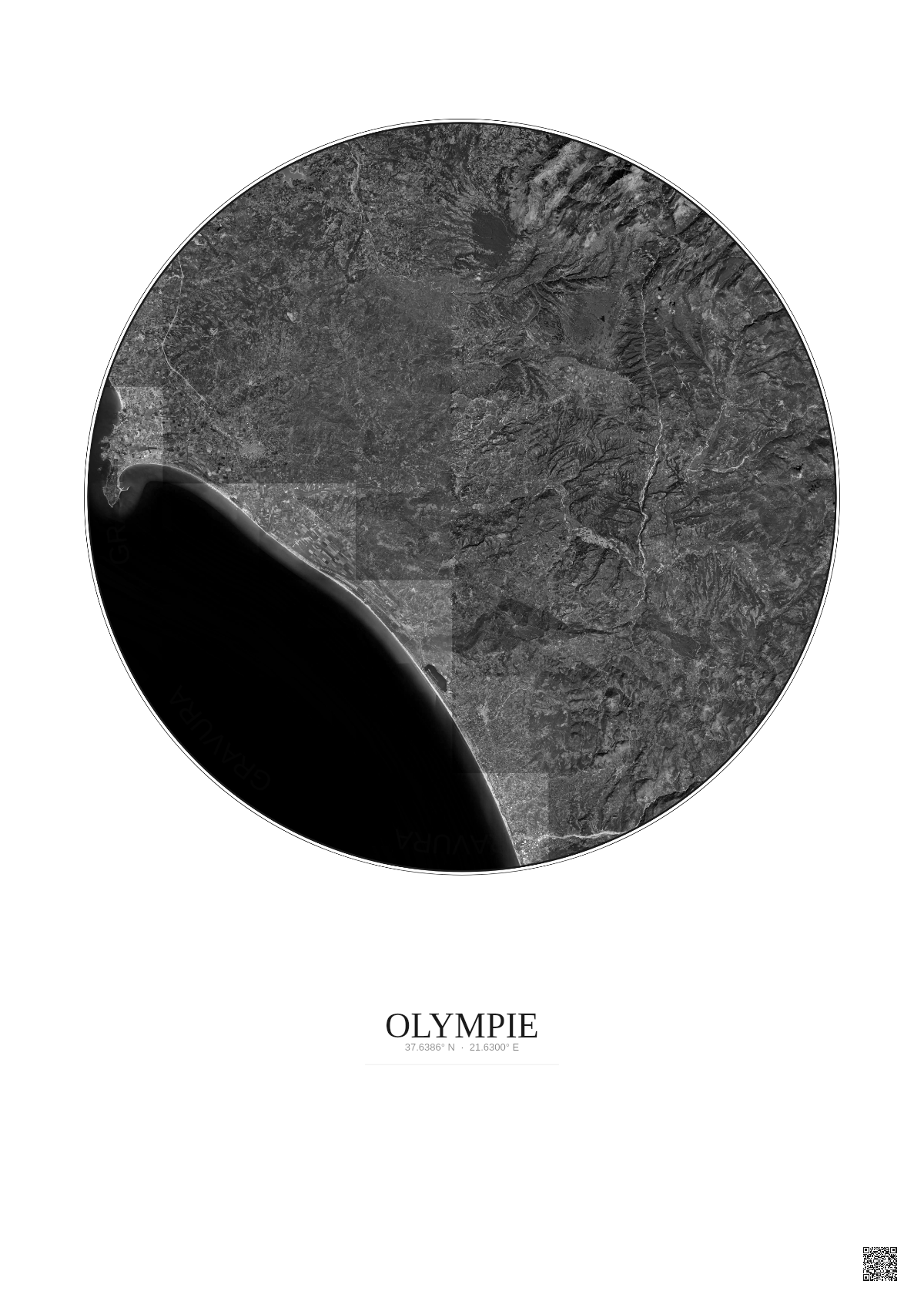 Affiche Olympie – Poster vue satellite 30km N&B | Gravura – Fond clair