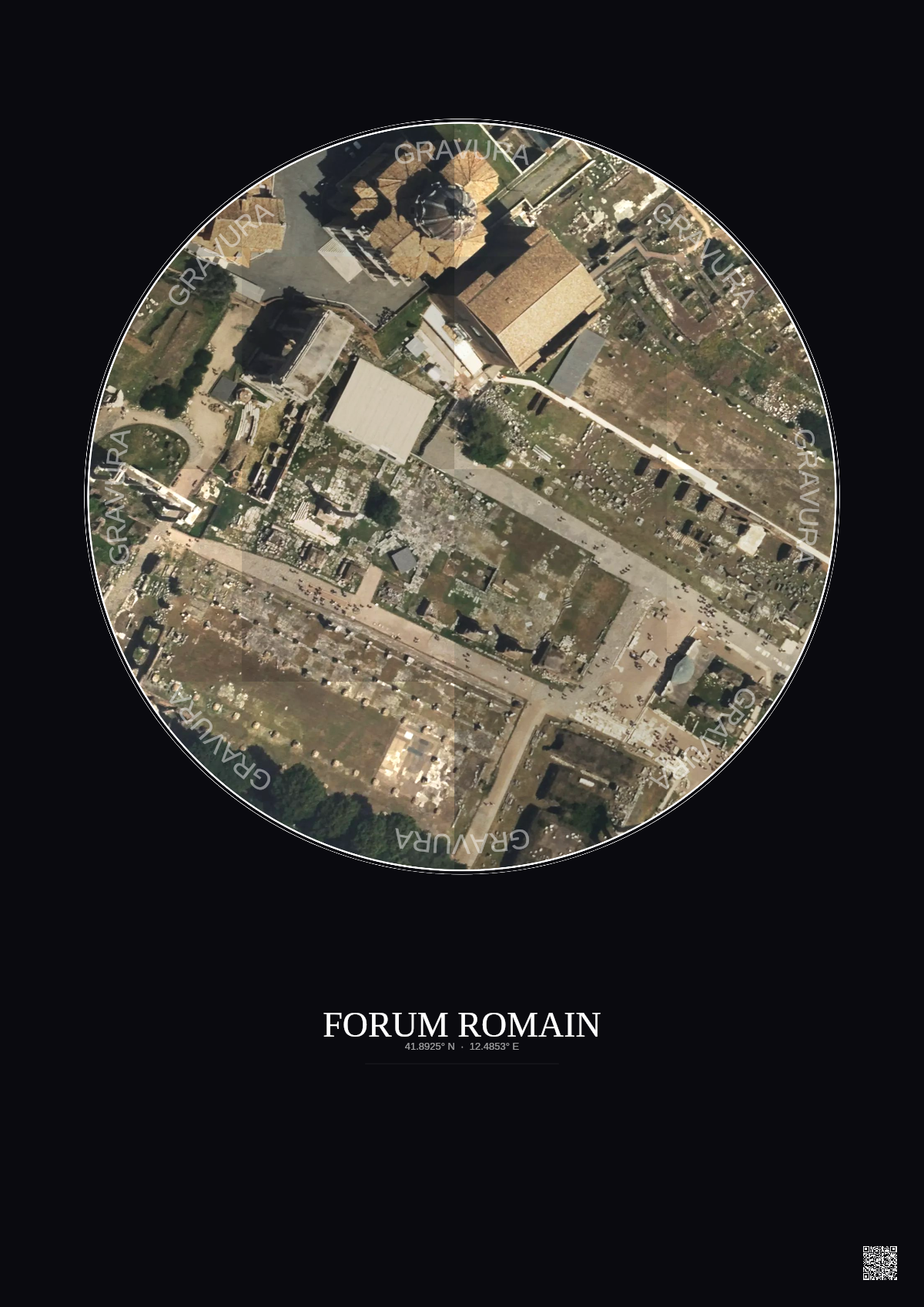 Affiche Forum Romain – Poster vue satellite 0.1km Couleur | Gravura – Fond foncé