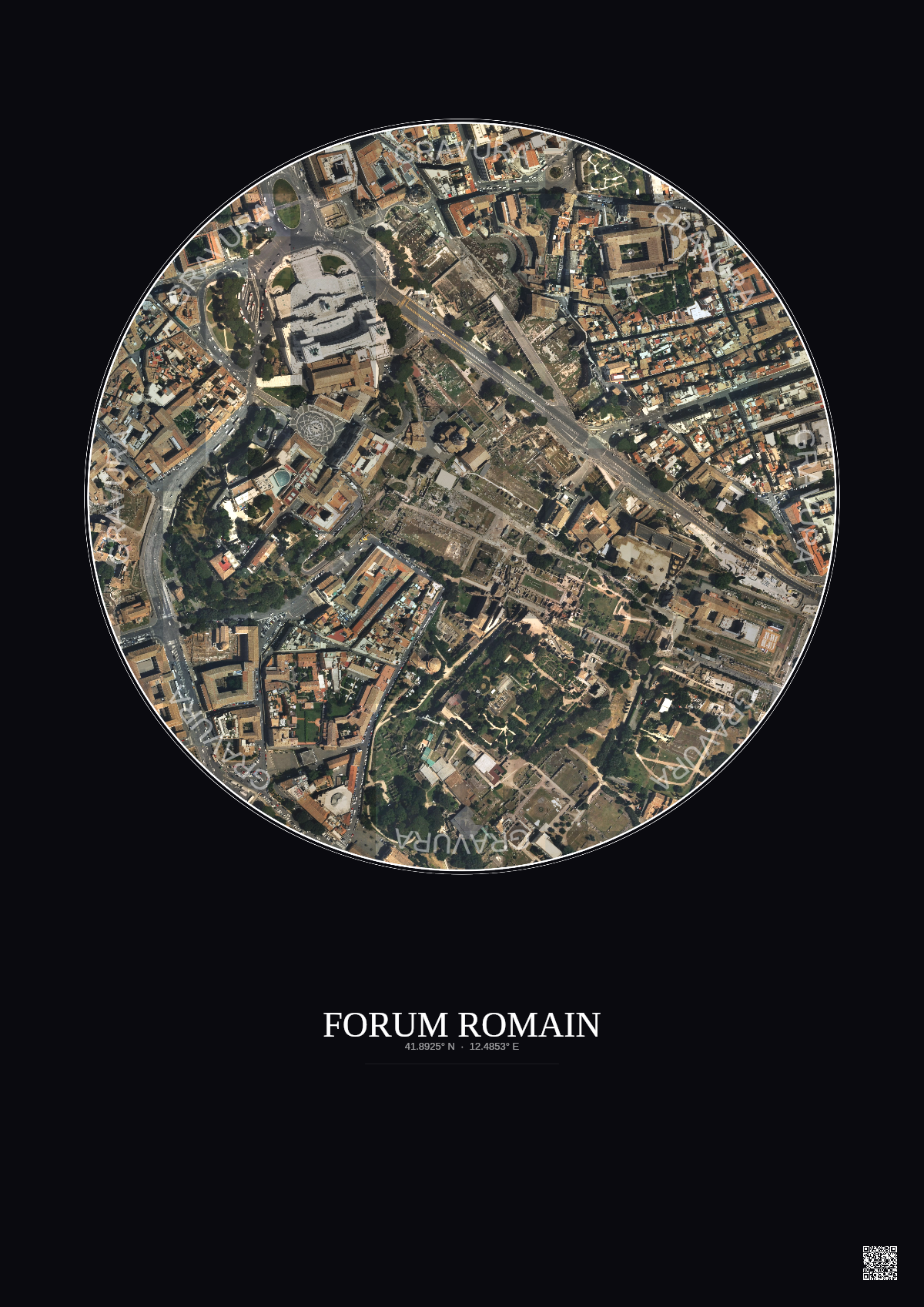 Affiche Forum Romain – Poster vue satellite 0.5km Couleur | Gravura – Fond foncé