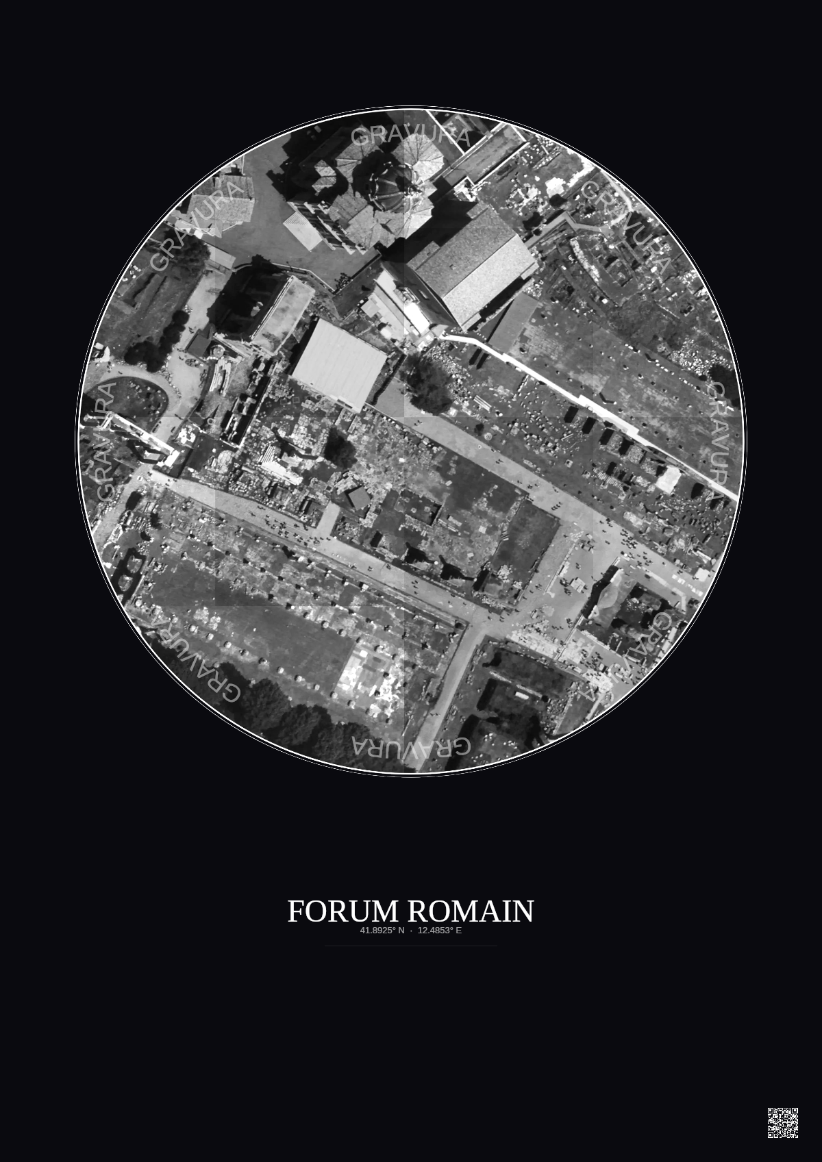 Affiche Forum Romain – Poster vue satellite 0.1km N&B | Gravura – Fond foncé